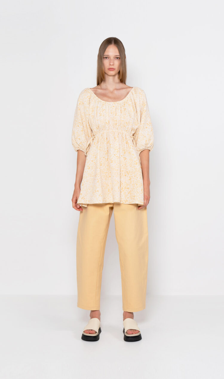 Yellow-flower side tie blouse