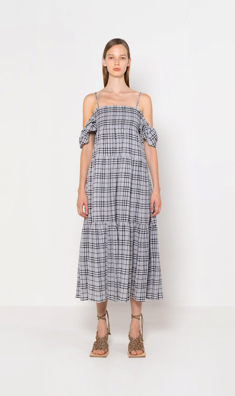 Black-check ruffle sleeve tiered dress