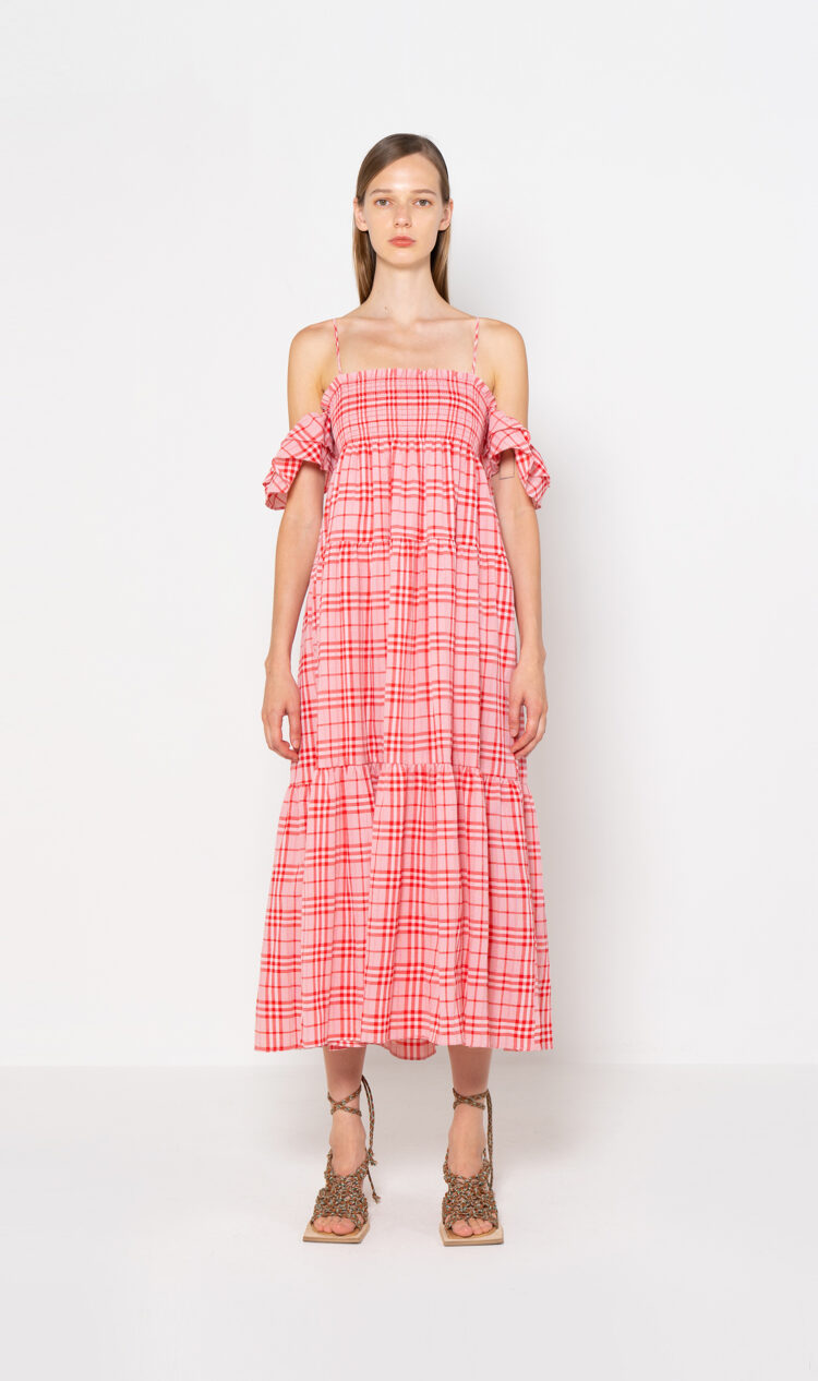 Red-check ruffle sleeve tiered dress