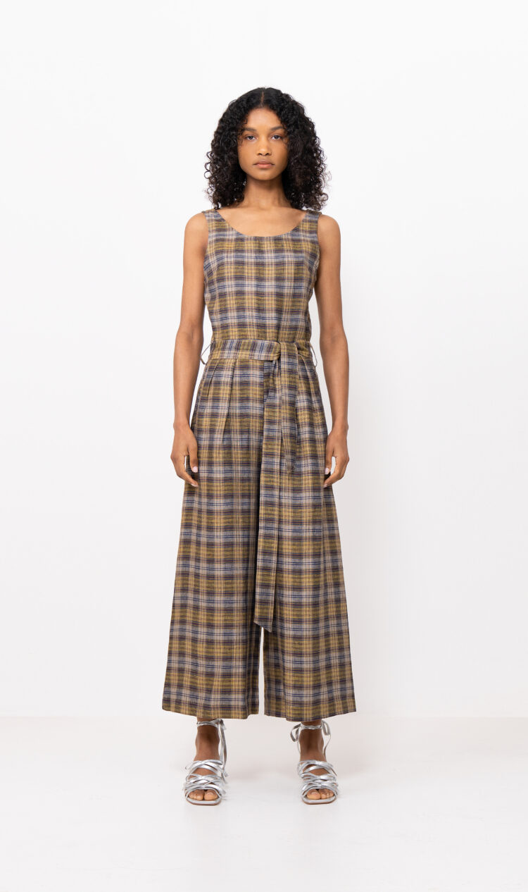 Beige-check linen jumpsuit