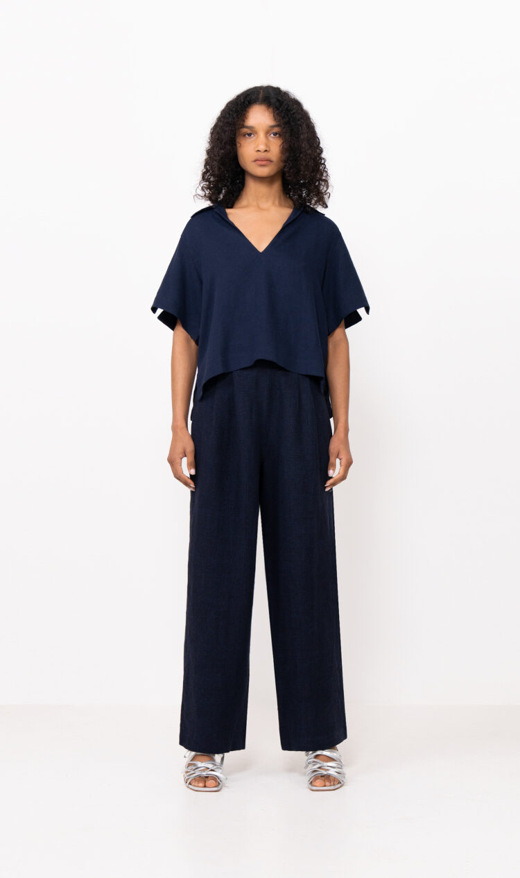 Navy linen pop-over blouse