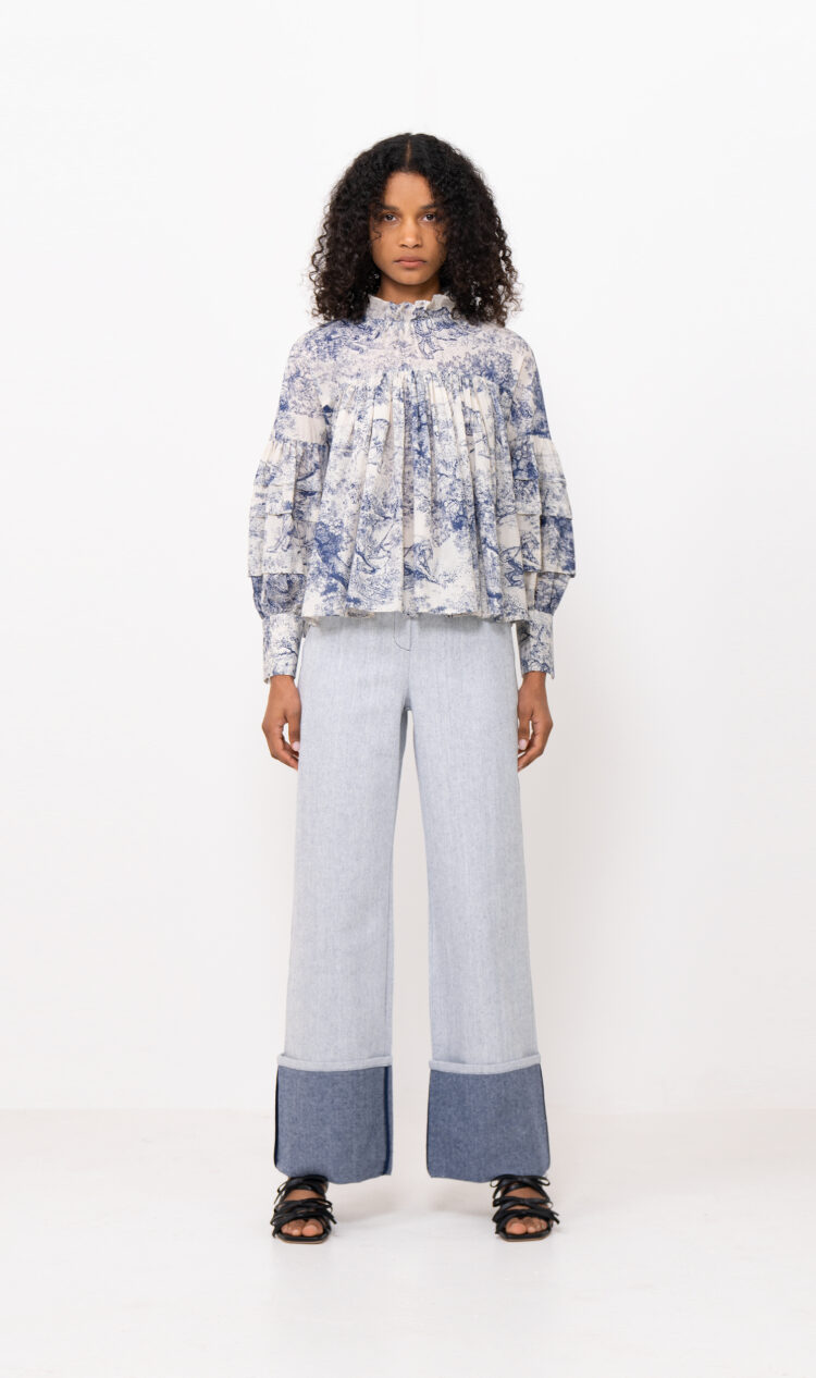 Blue-print babydoll blouse