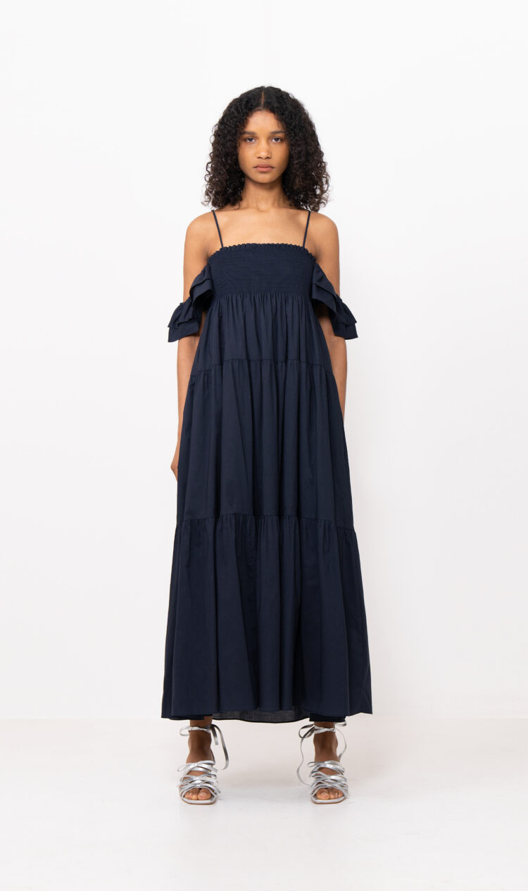 Navy ruffle sleeve tiered dress