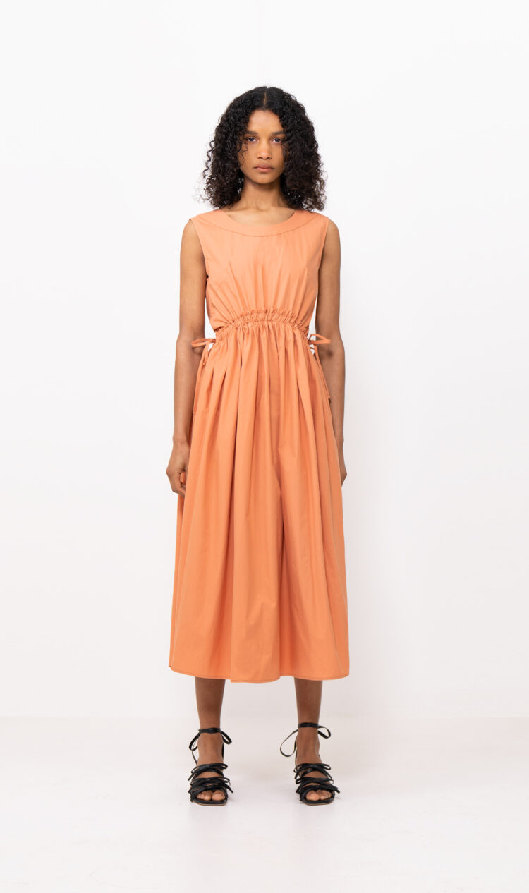 Orange shirred waist dress