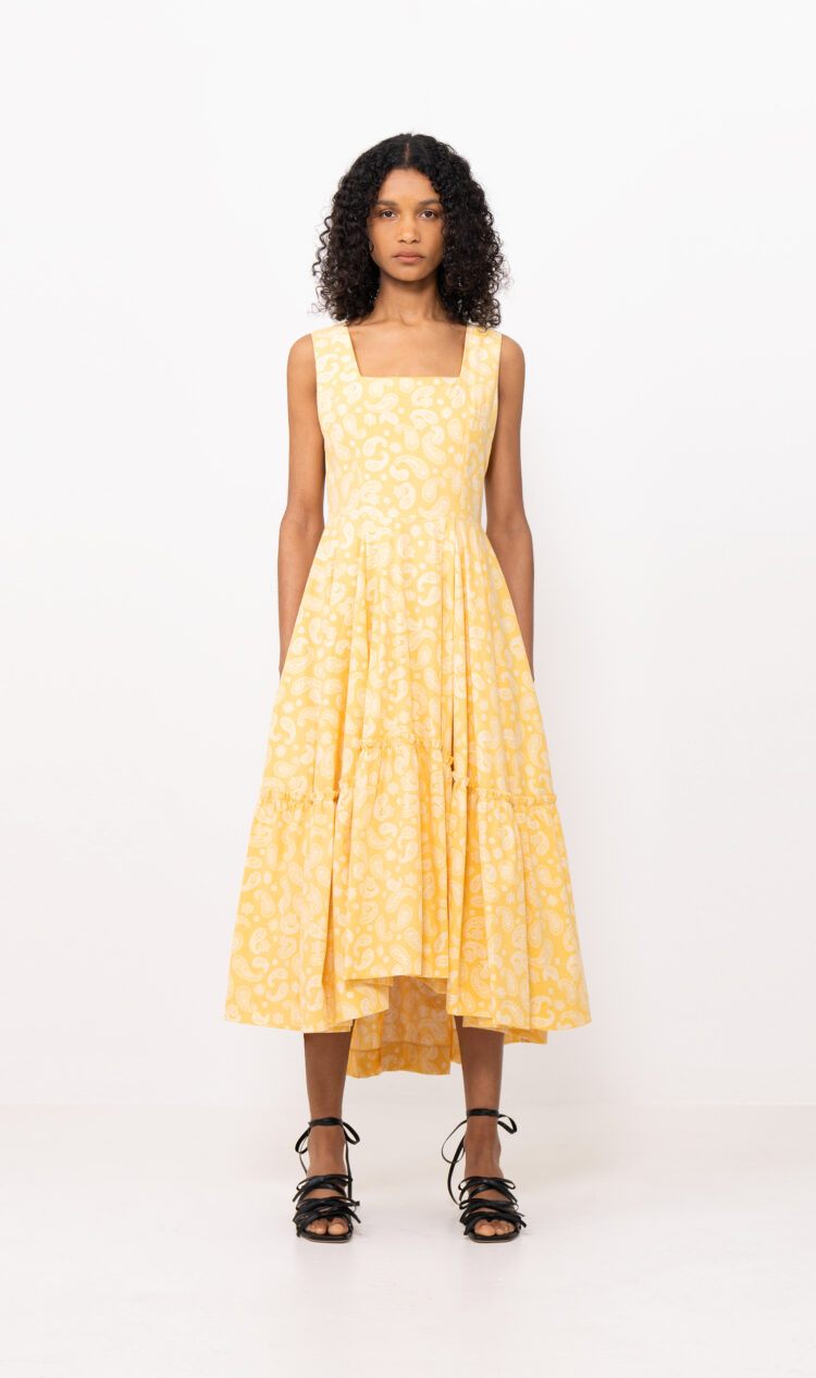 Yellow-paisley gathered skirt dress