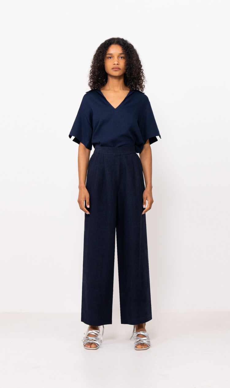 Navy-check darted trousers