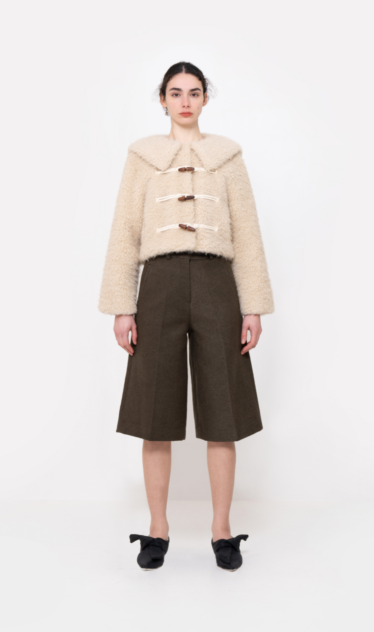 Beige vegan shearling toggle clasp jacket