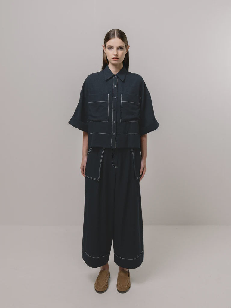 Navy Contrast Stitch Wide Leg Trousers