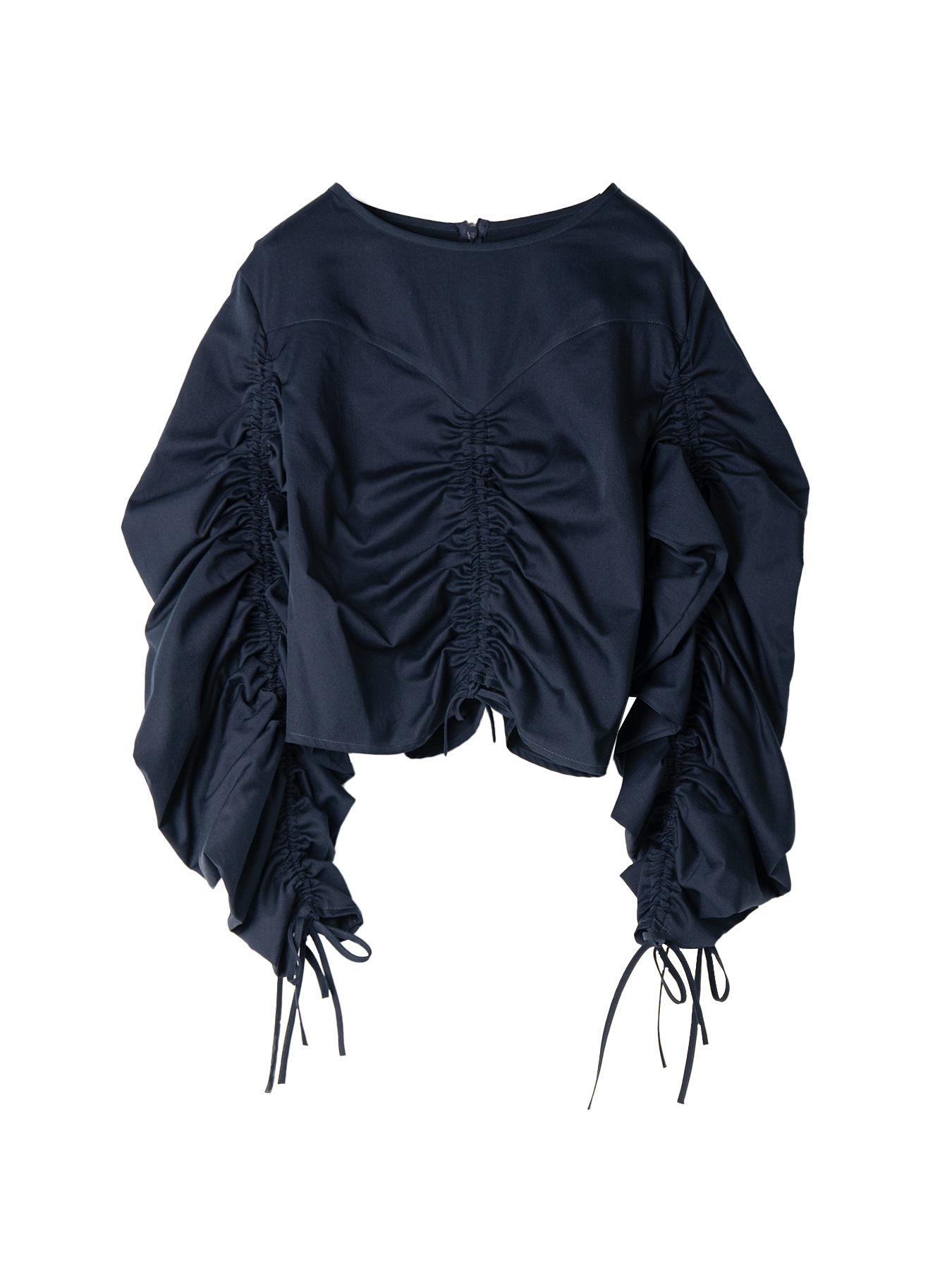 Navy Ruched Long Sleeve Tie Top