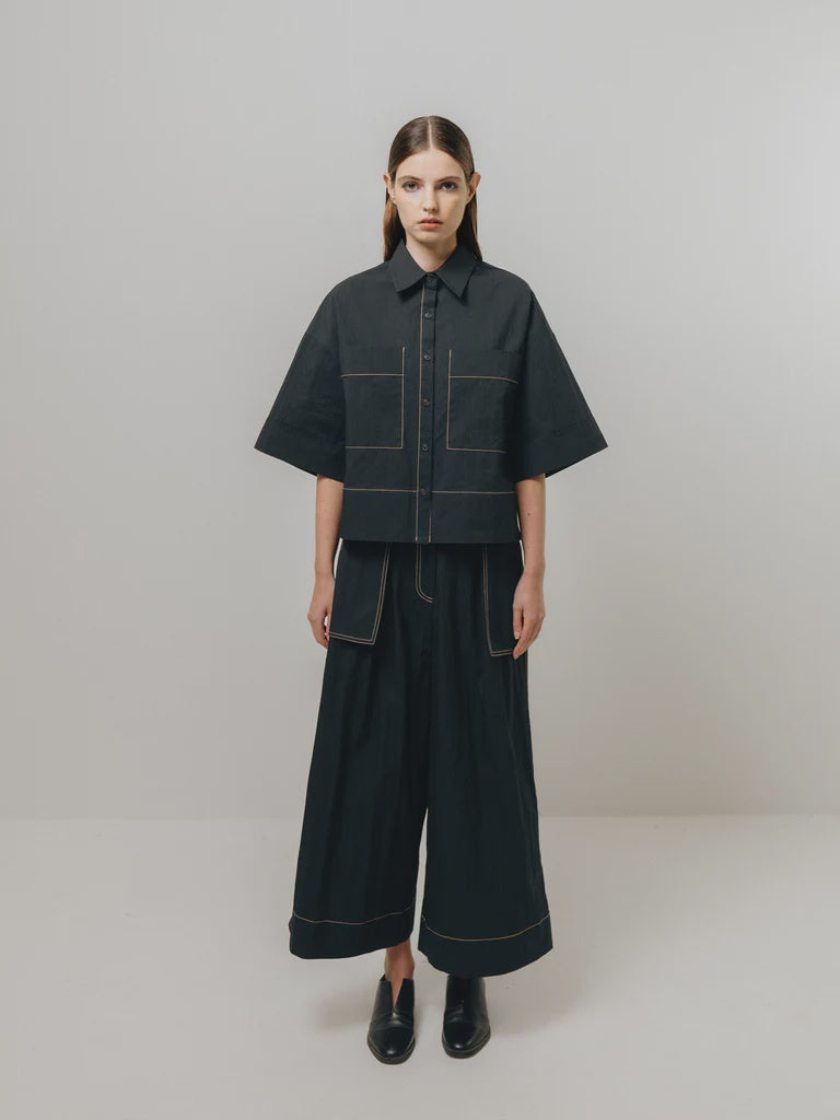 Black Contrast Stitch Short Sleeve Blouse