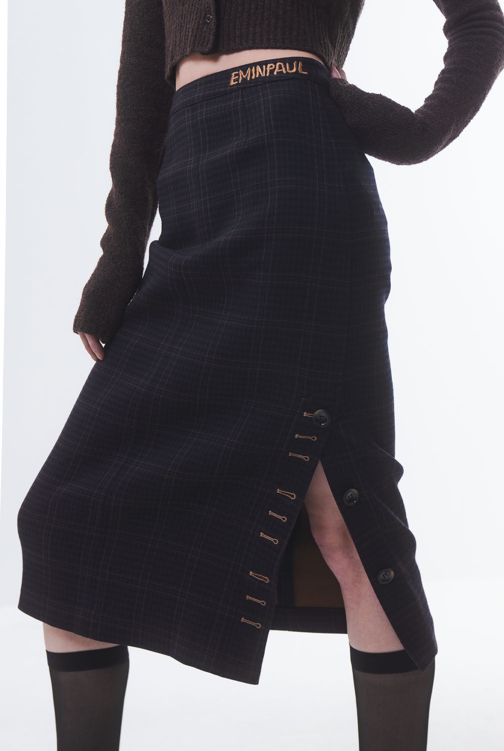 Brown-Check Side Line Skirt