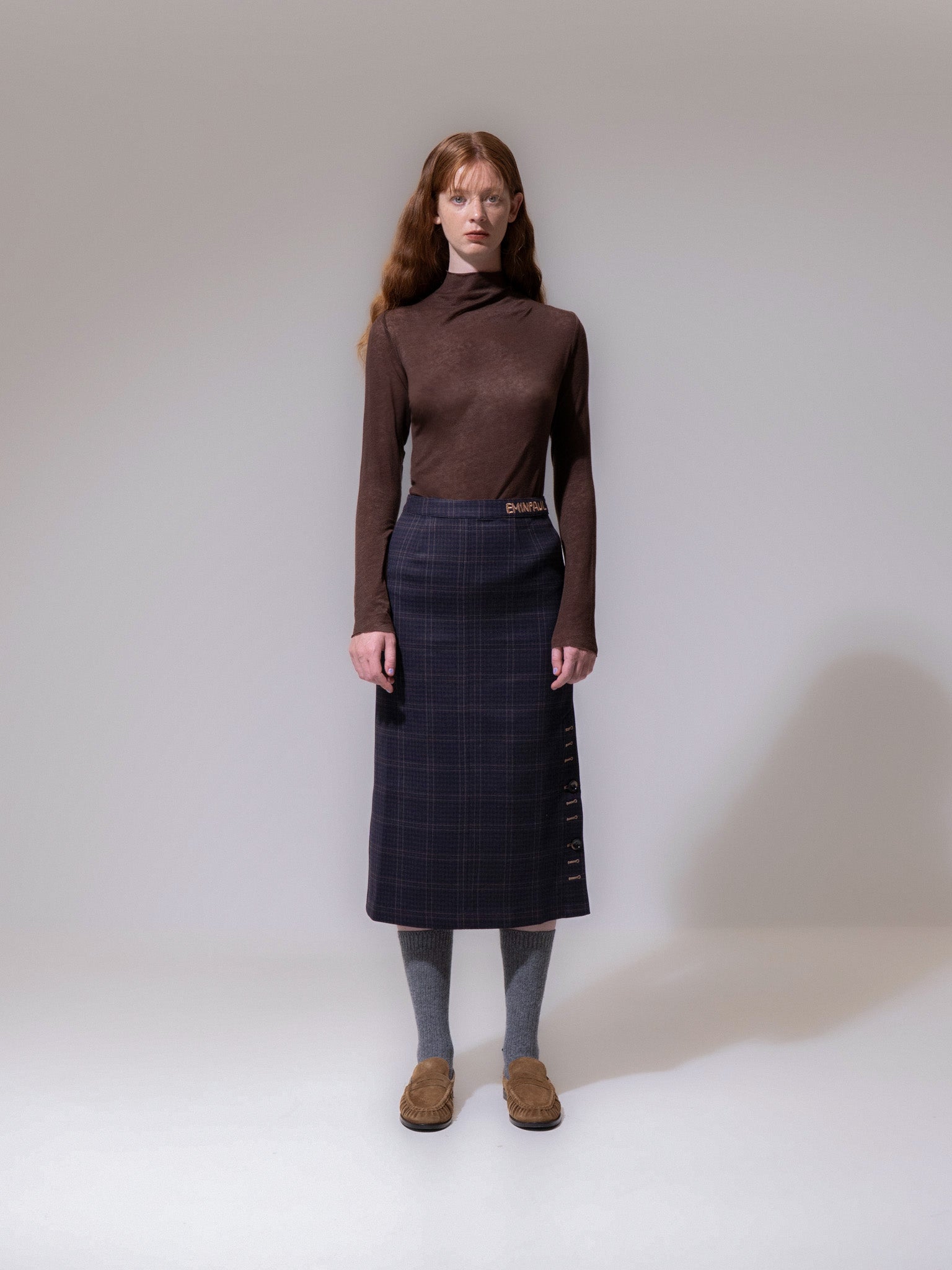 Brown Funnel Neck Long Sleeve Top