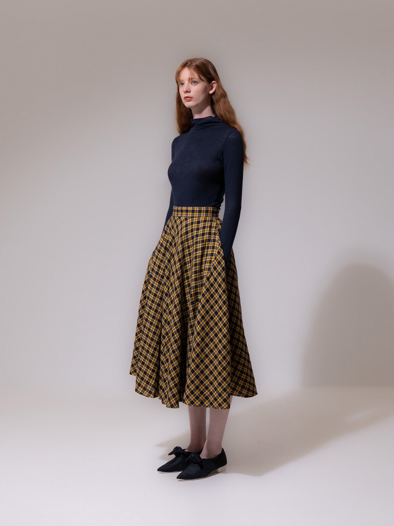 Yellow-Check A-Line Cotton Skirt