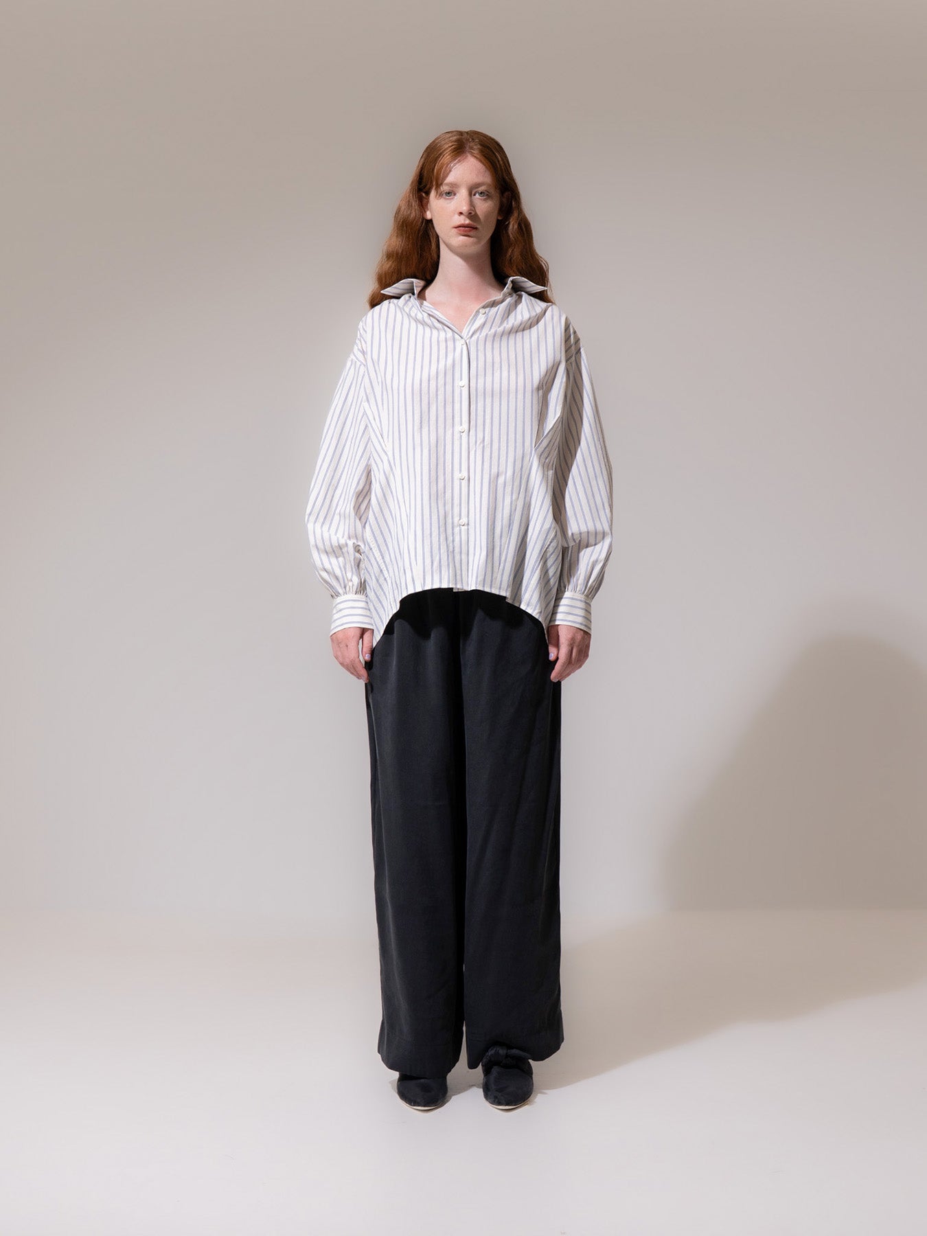 Striped Gather Cuff Long Sleeve Shirt