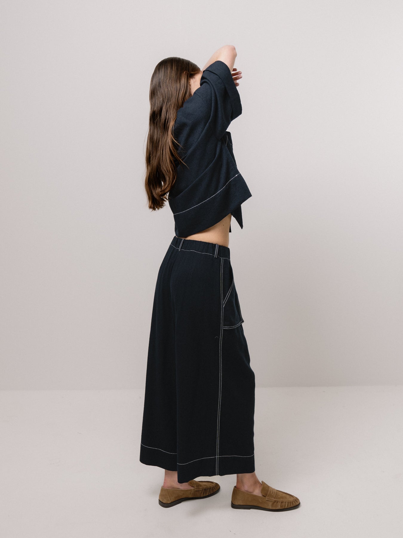 Navy Contrast Stitch Wide Leg Trousers