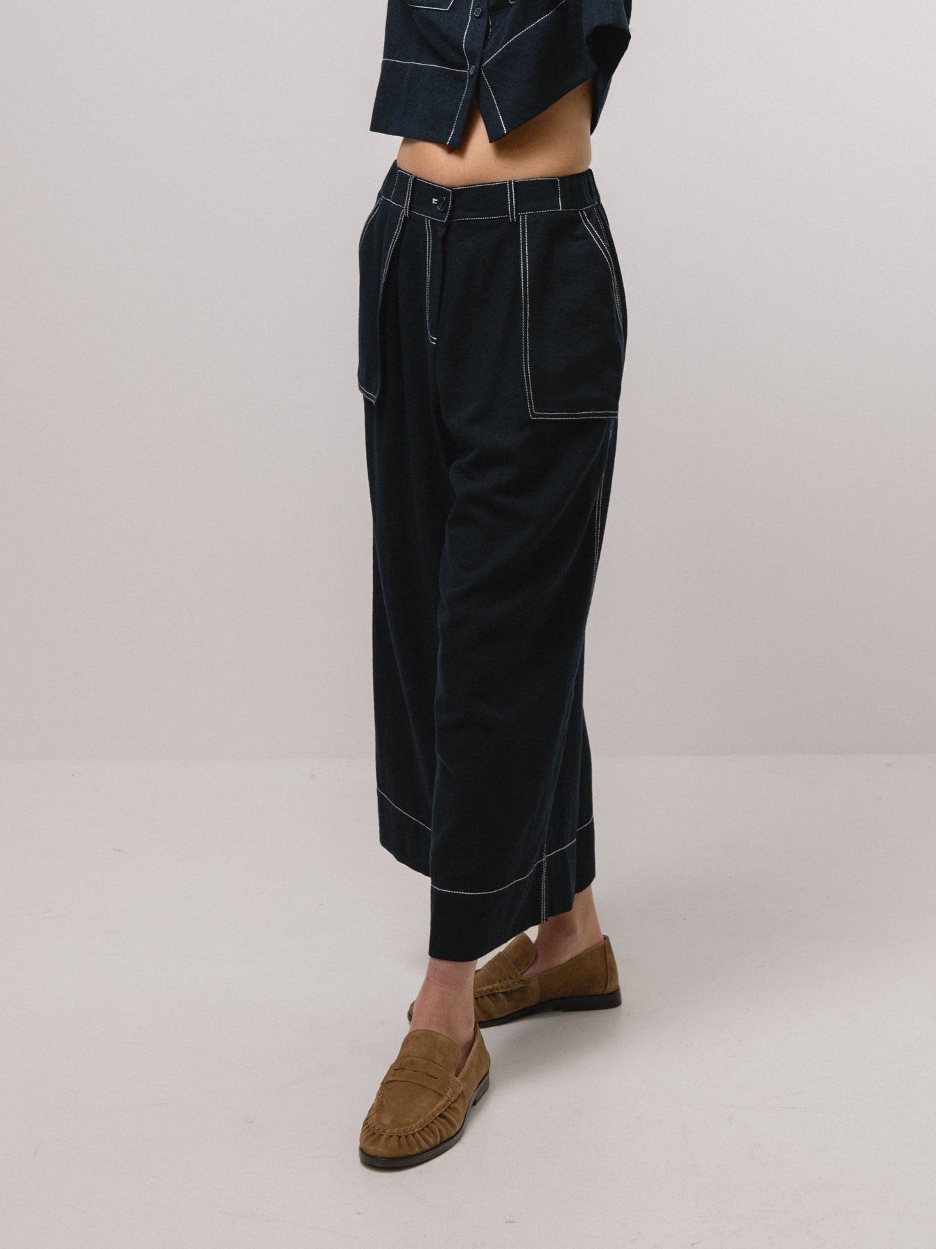 Navy Contrast Stitch Wide Leg Trousers