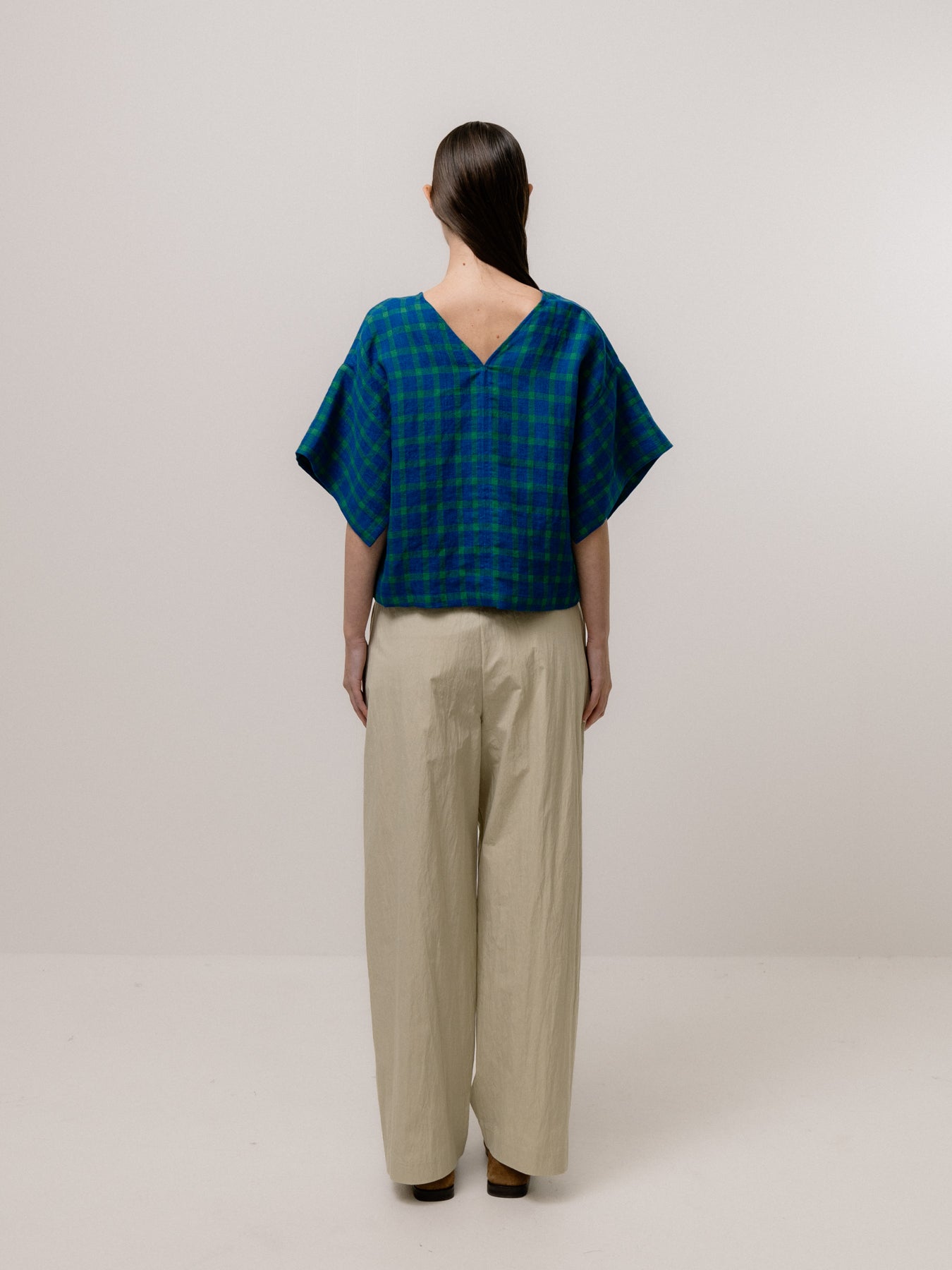 Blue-Check Boxy V-Neck Blouse