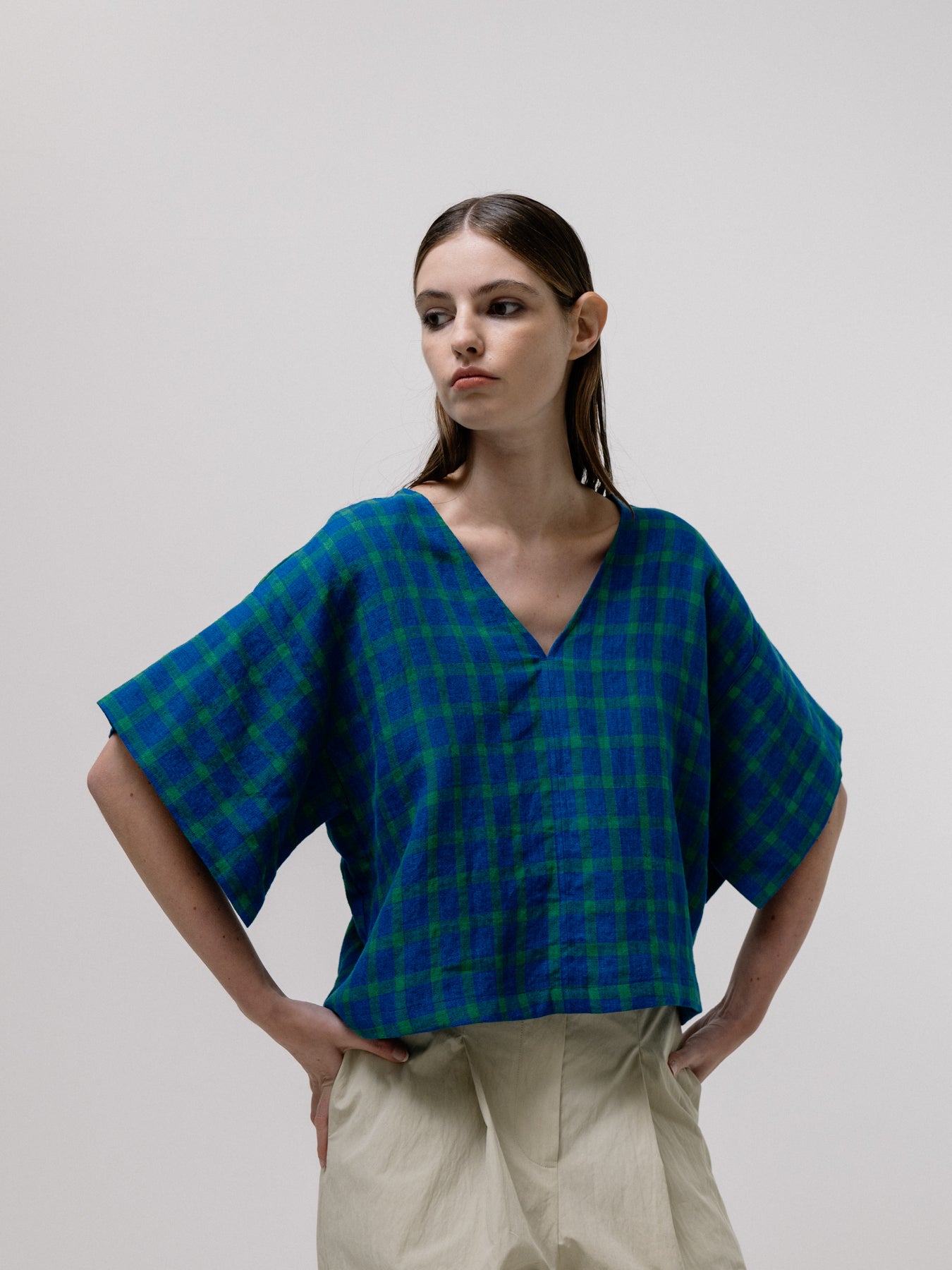 Blue-Check Boxy V-Neck Blouse