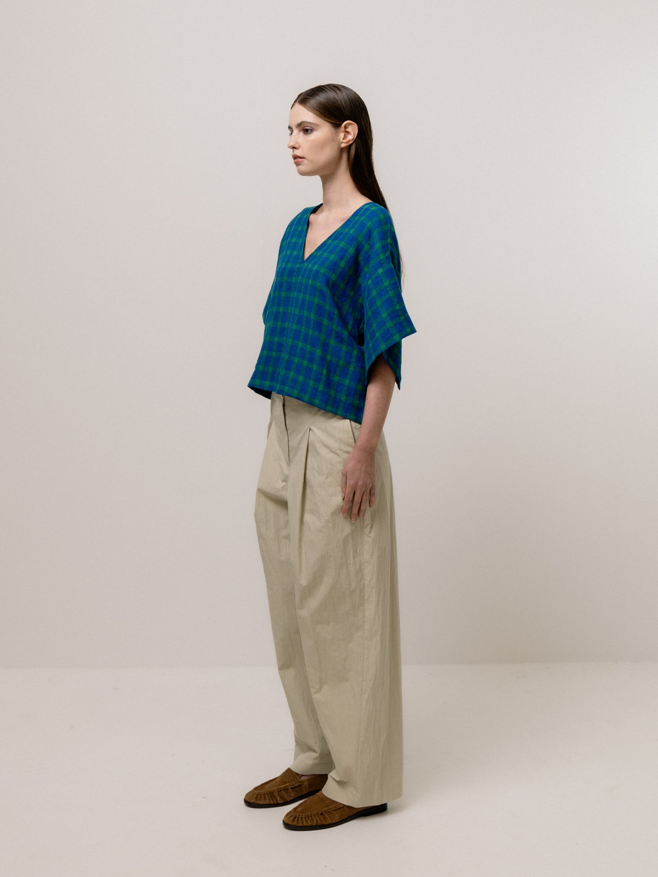 Blue-Check Boxy V-Neck Blouse