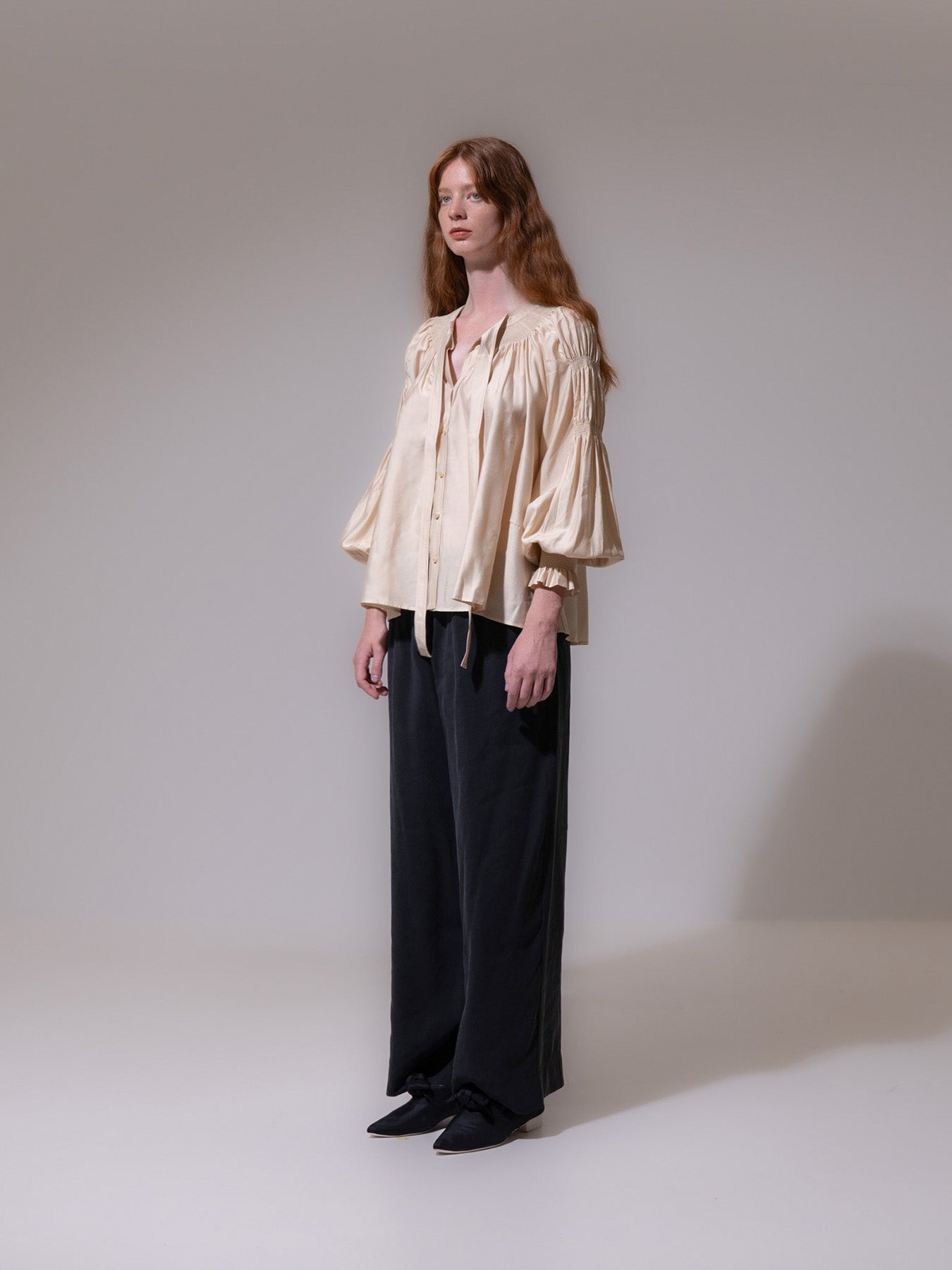 Sand Ruched Tie-Neck Blouse