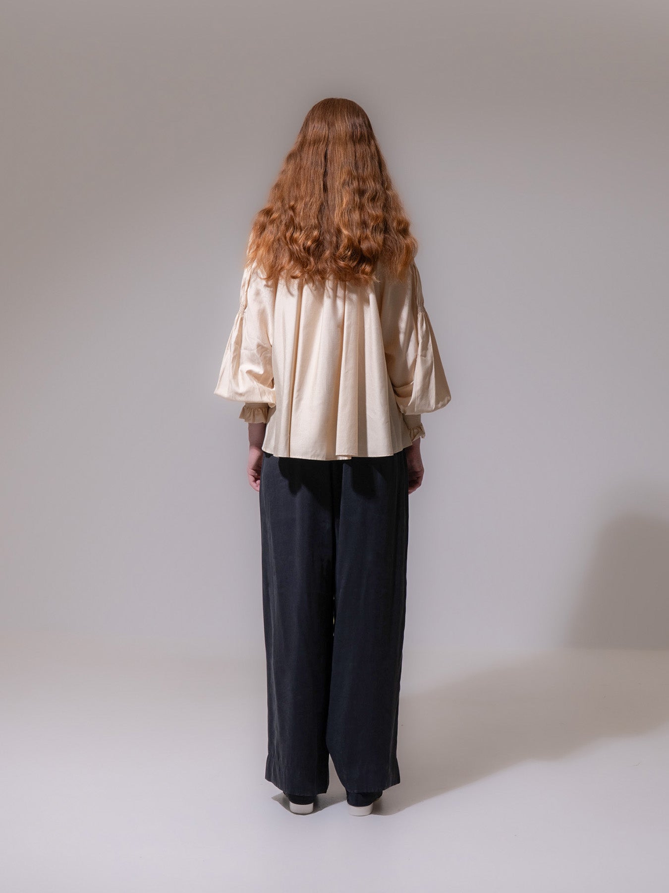 Sand Ruched Tie-Neck Blouse