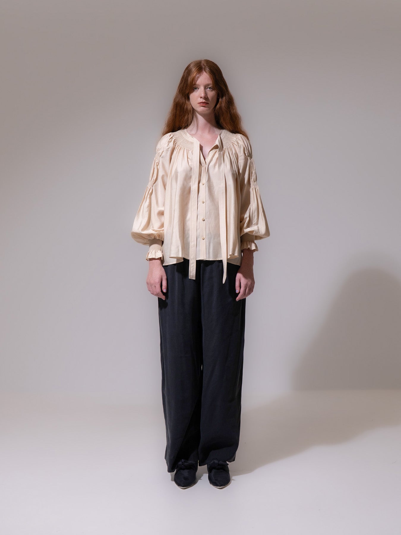Sand Ruched Tie-Neck Blouse