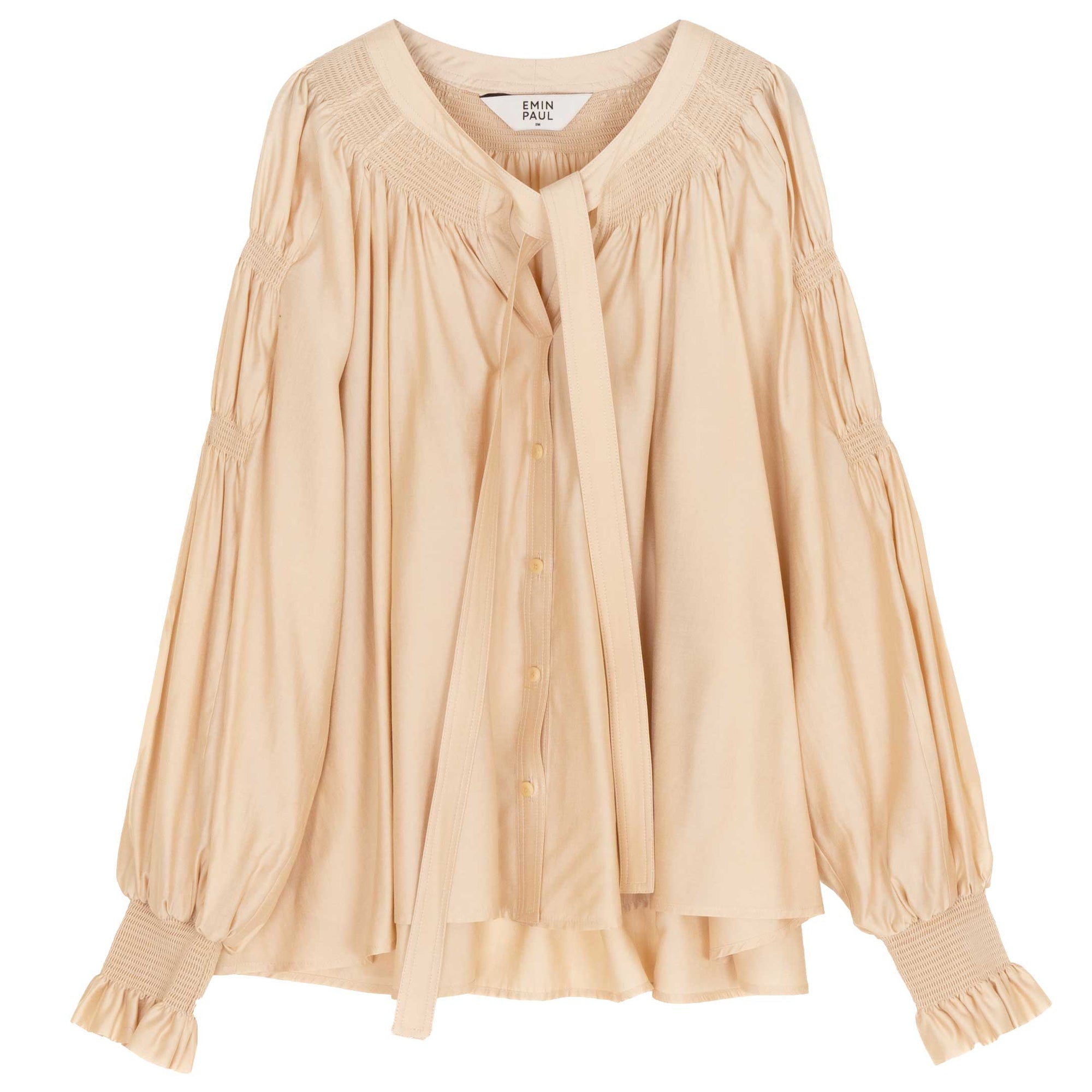 Sand Ruched Tie-Neck Blouse