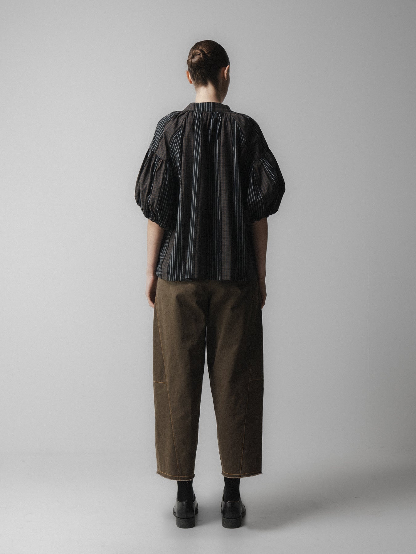 Brown-Check V-Neck Puff Sleeve Blouse