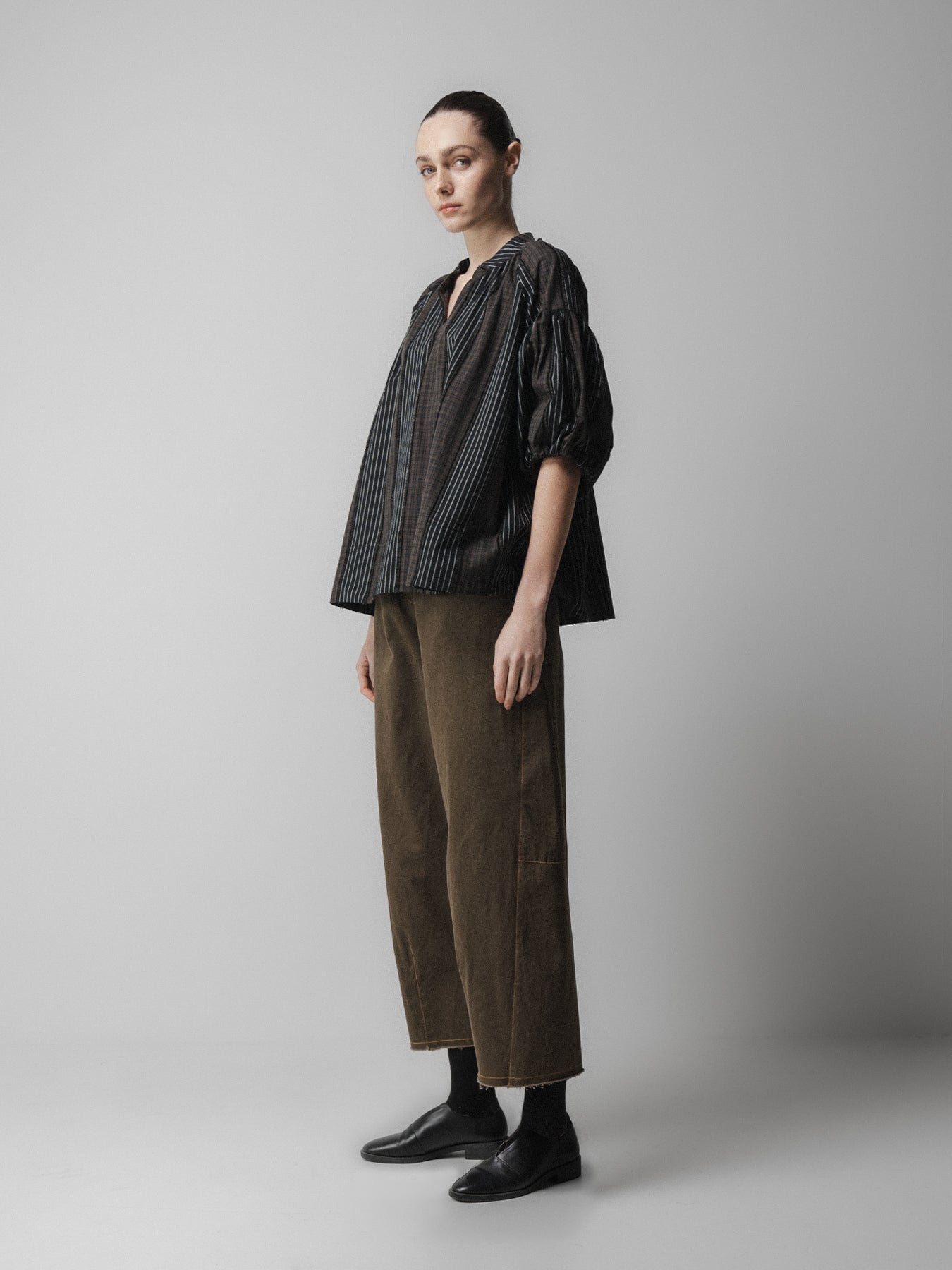 Brown-Check V-Neck Puff Sleeve Blouse