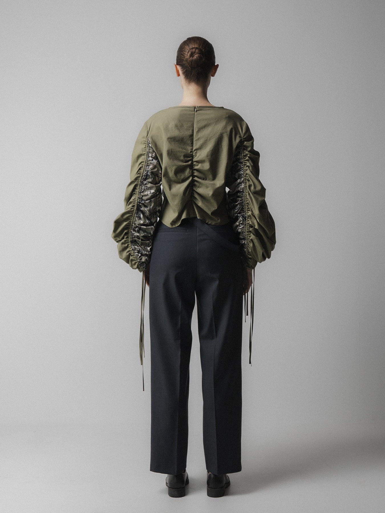 Khaki Ruched Long Sleeve Tie Top