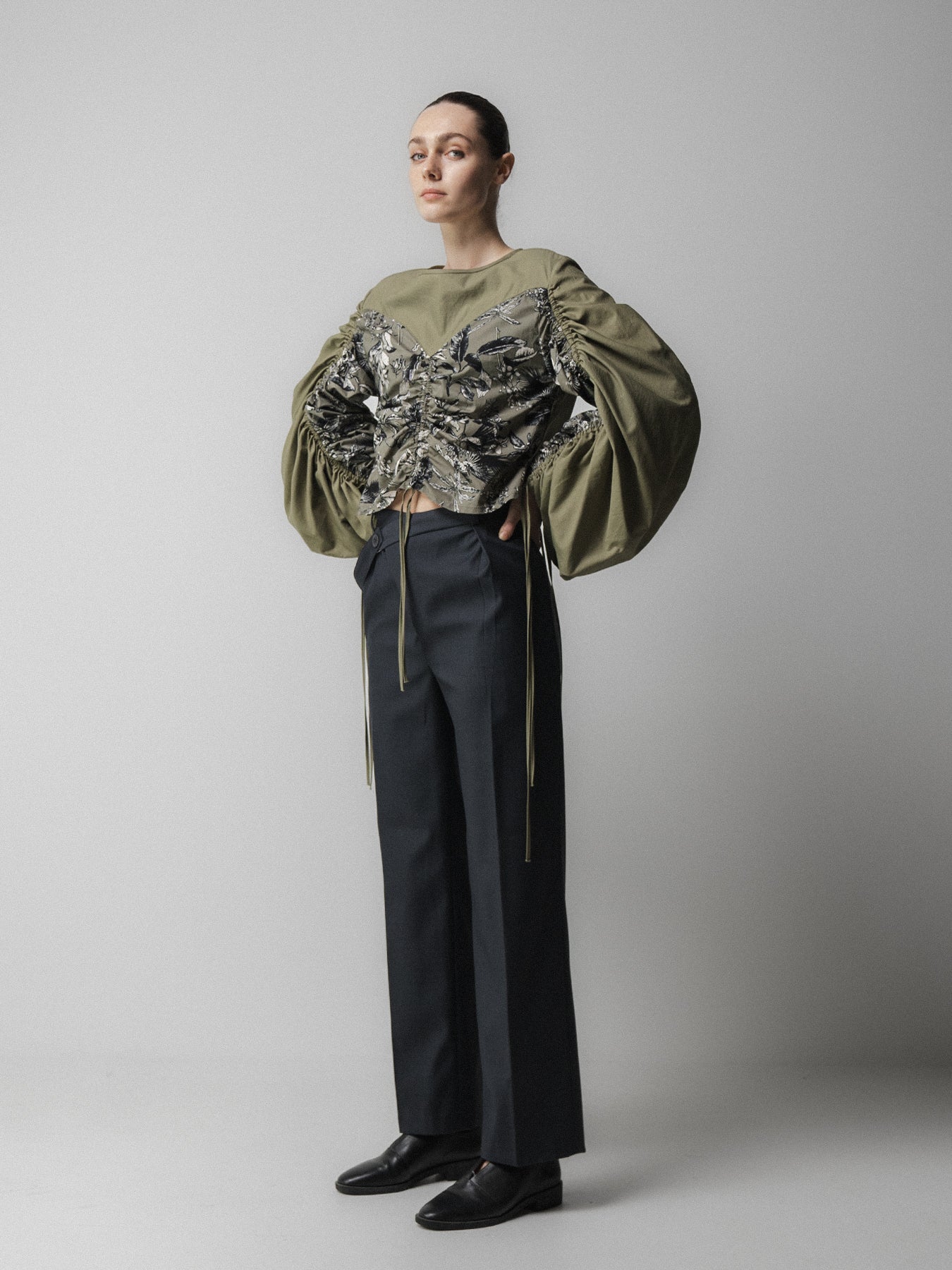 Khaki Ruched Long Sleeve Tie Top