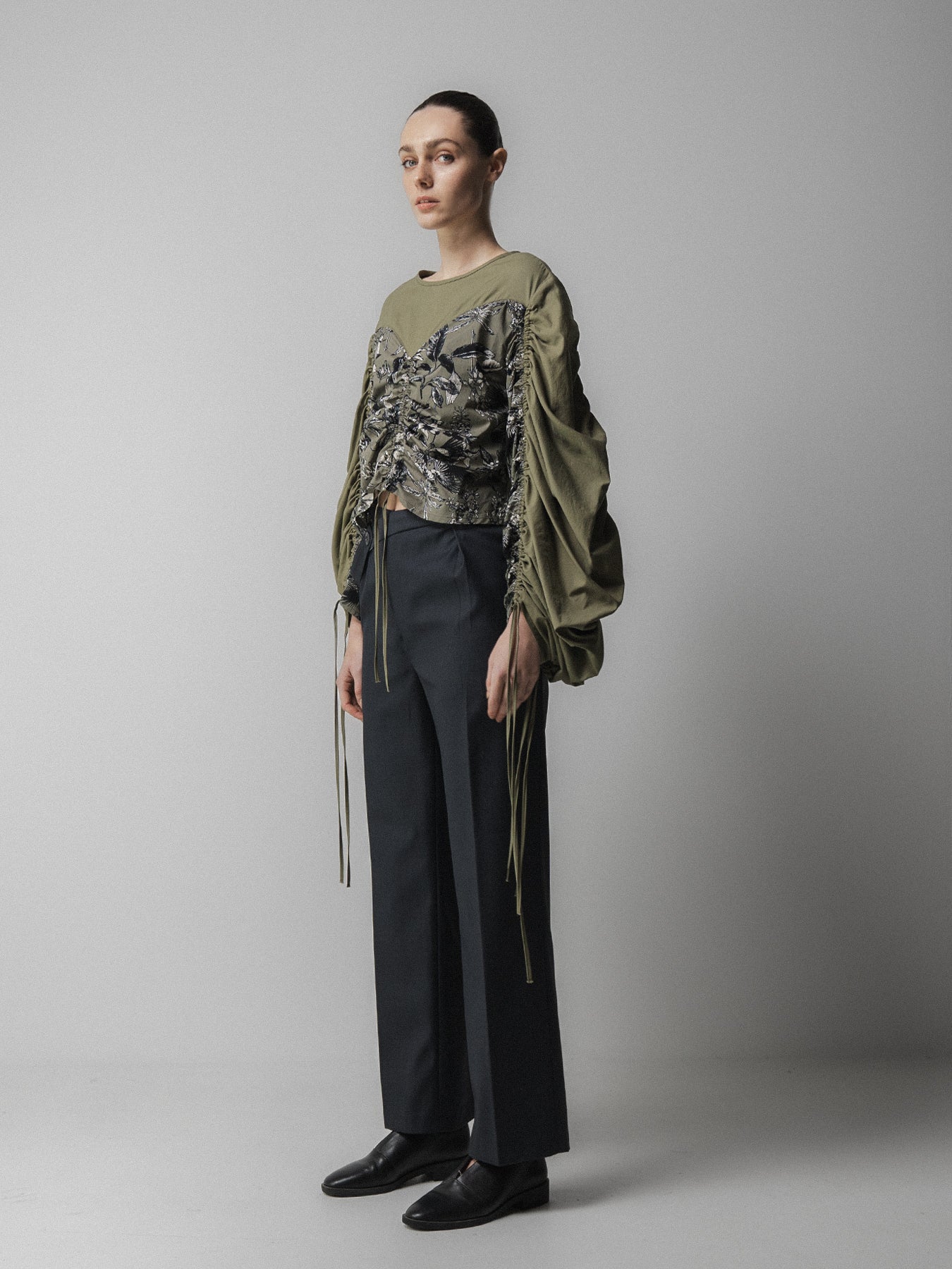Khaki Ruched Long Sleeve Tie Top