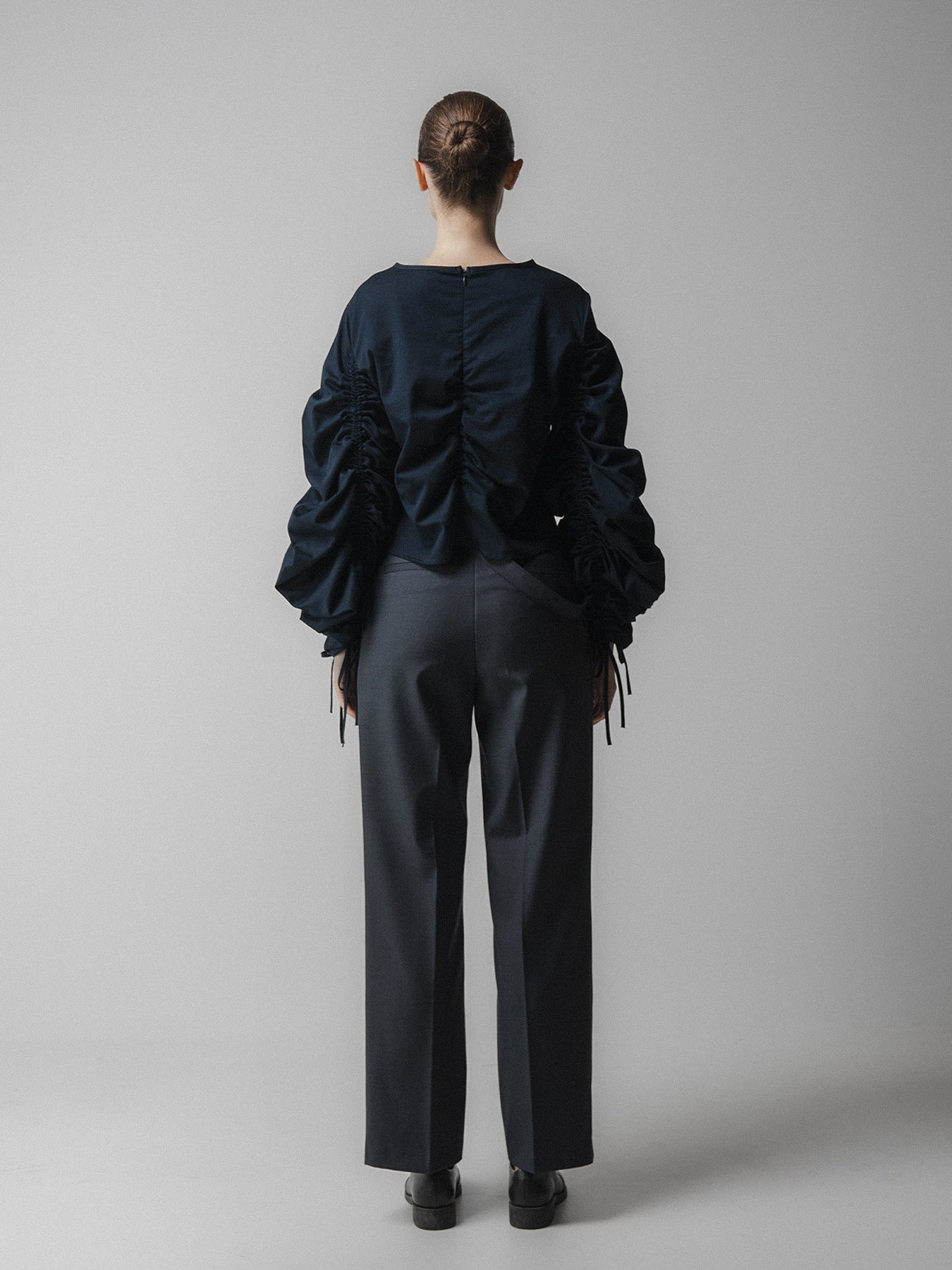 Navy Ruched Long Sleeve Tie Top