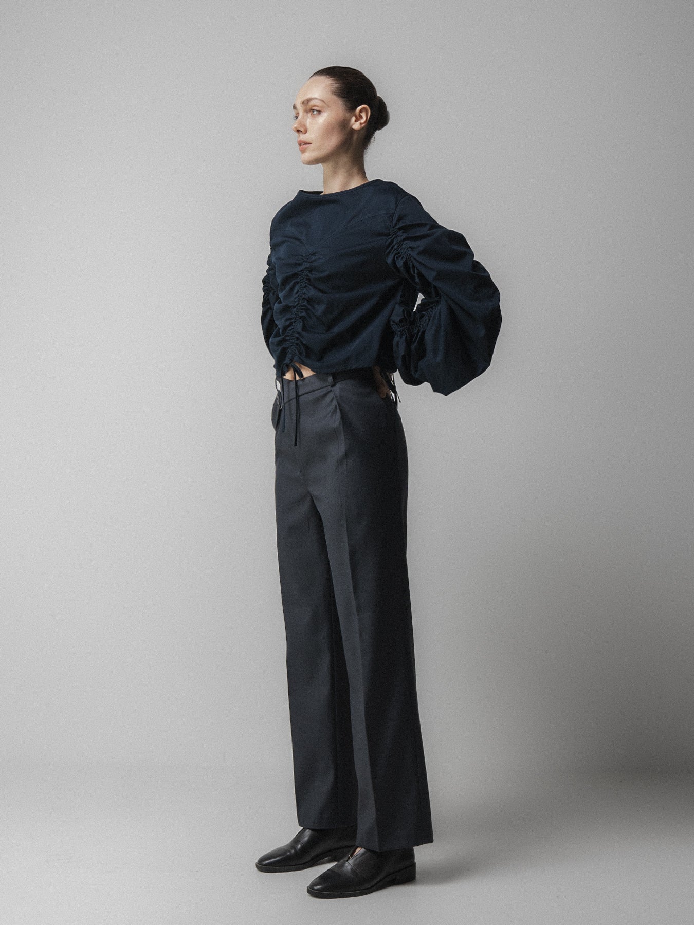 Navy Ruched Long Sleeve Tie Top