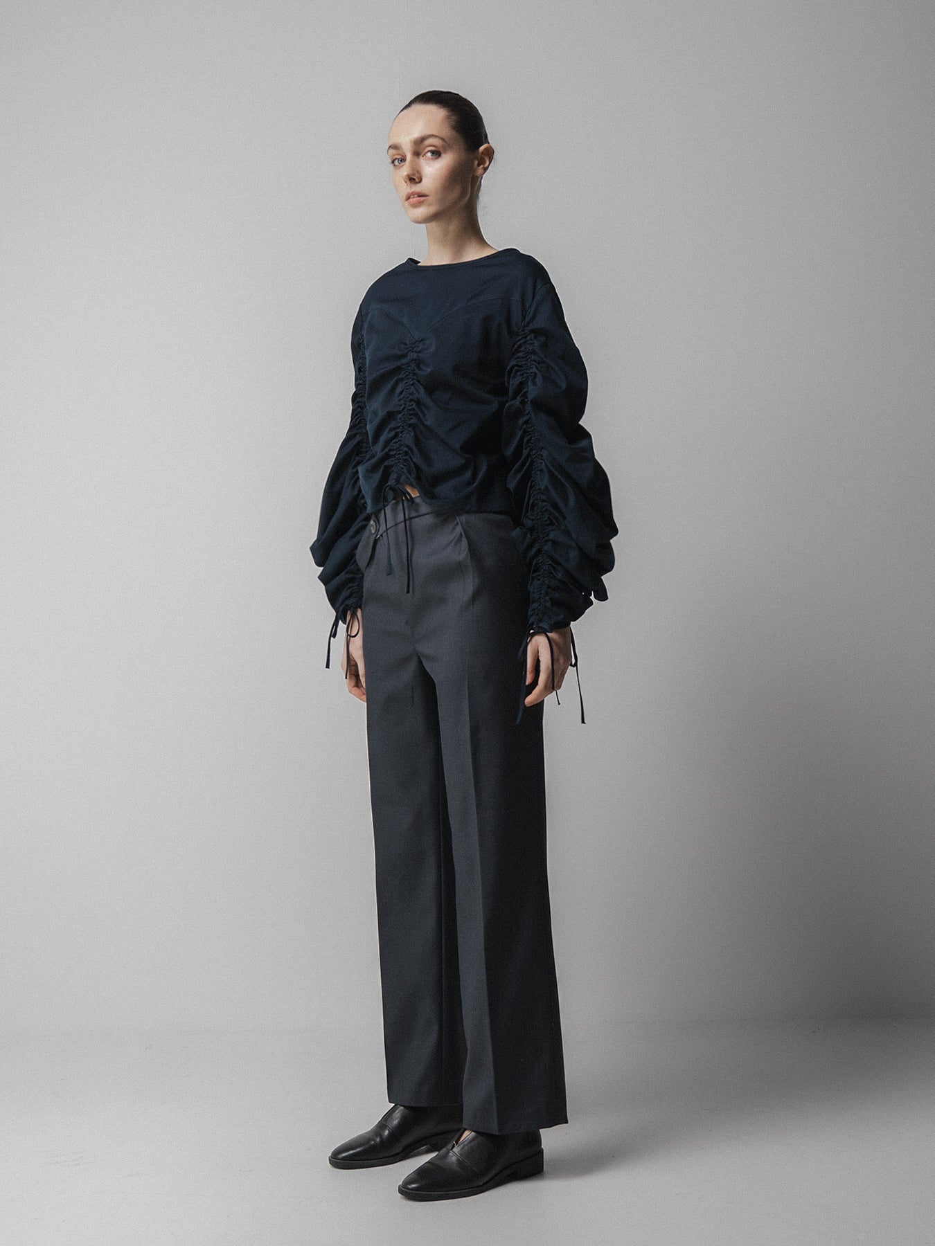 Navy Ruched Long Sleeve Tie Top