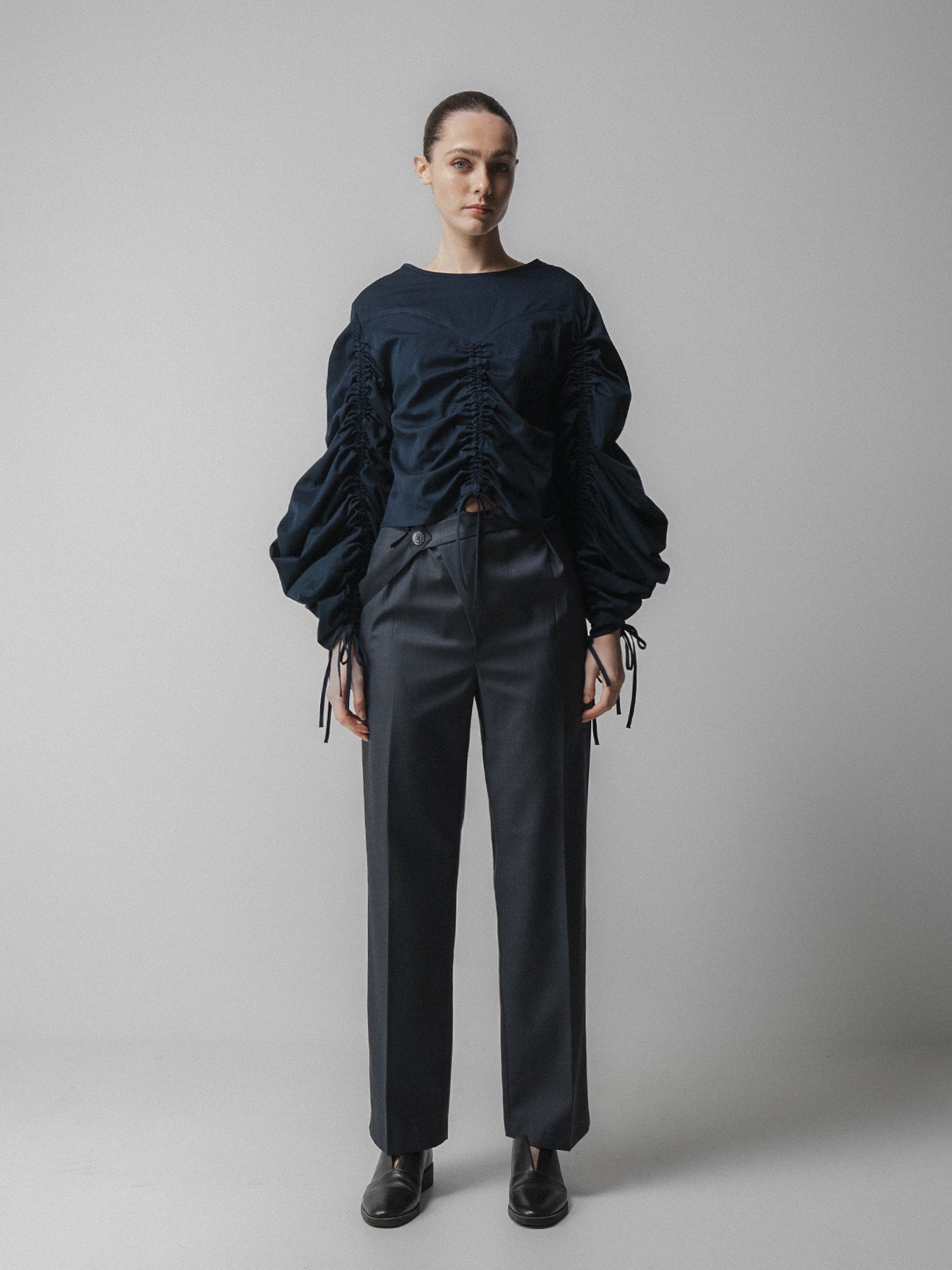 Navy Ruched Long Sleeve Tie Top