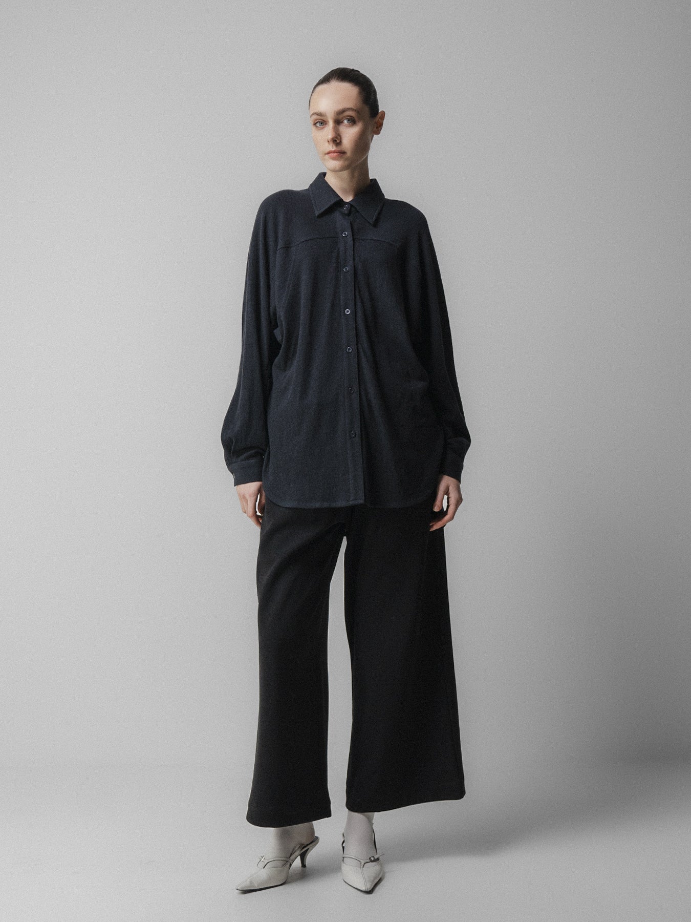 Navy Curved Sleeve Wool Blouse