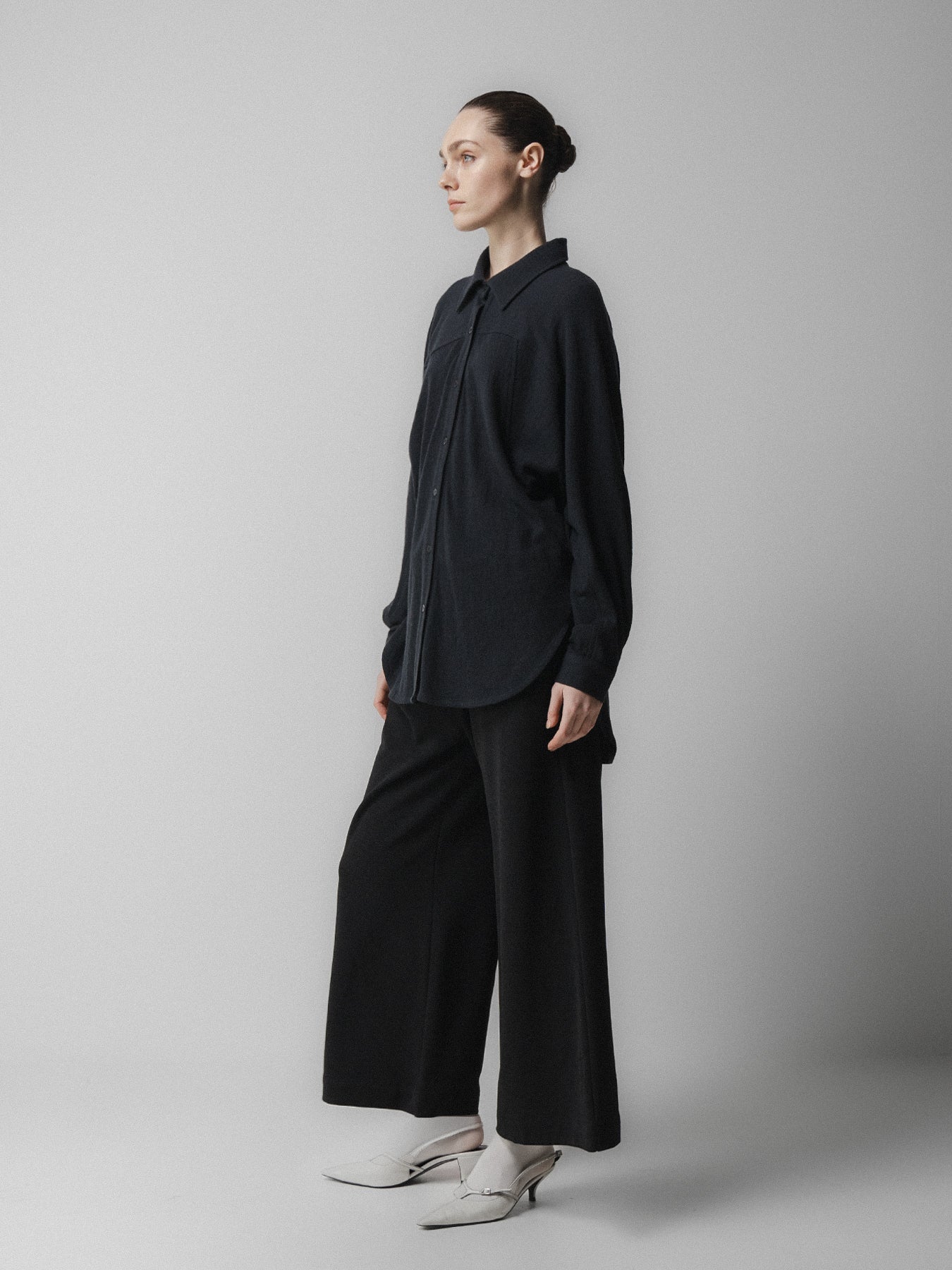 Navy Curved Sleeve Wool Blouse
