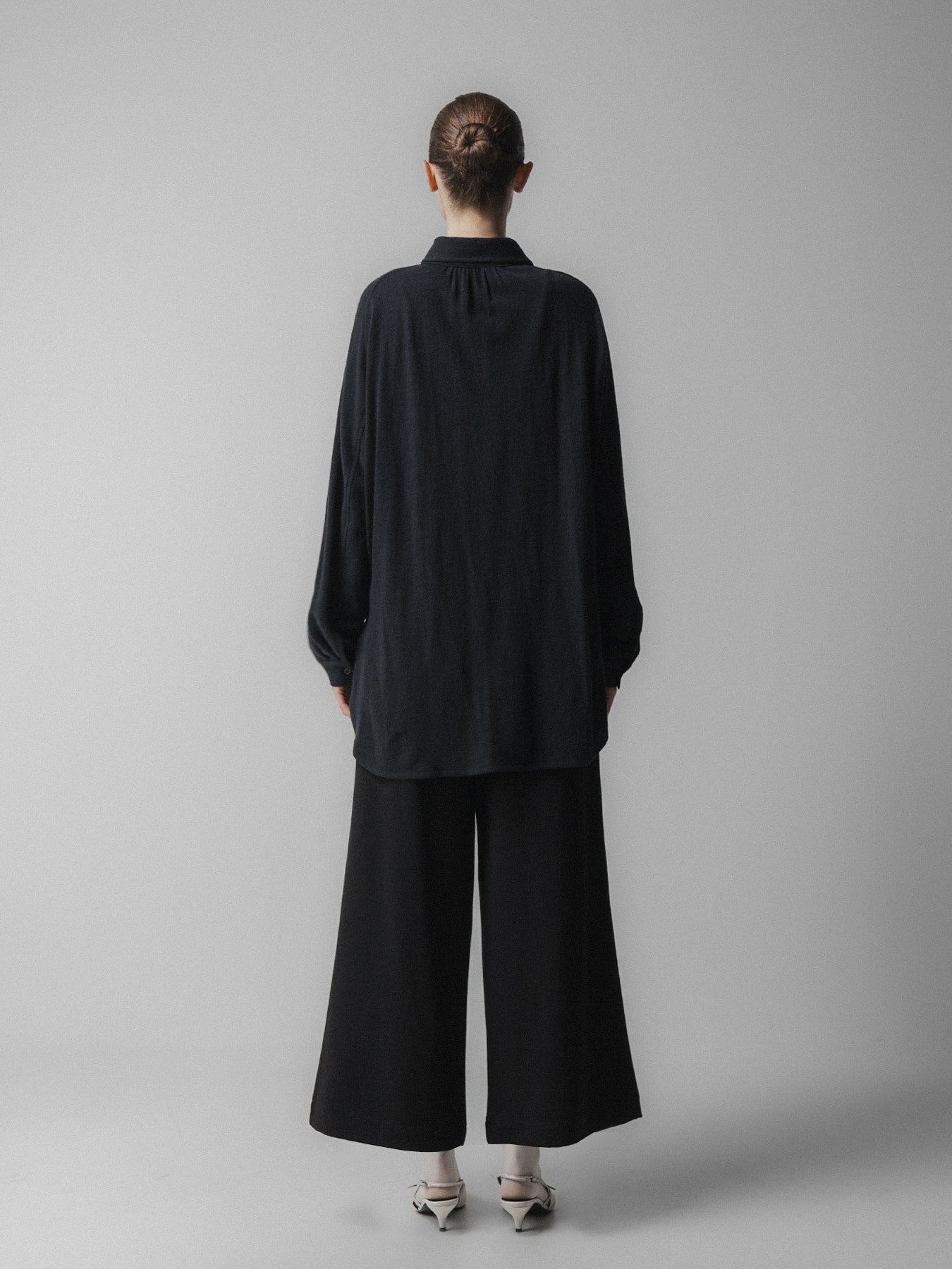 Navy Curved Sleeve Wool Blouse