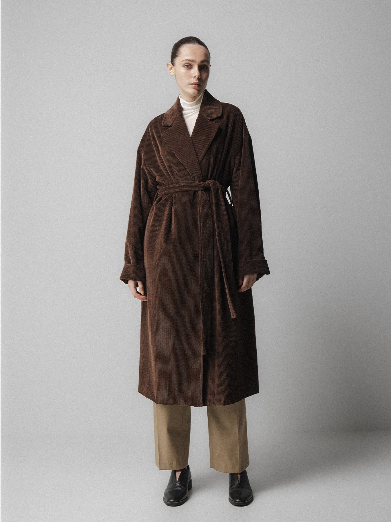 Brown Corduroy Belted Coat
