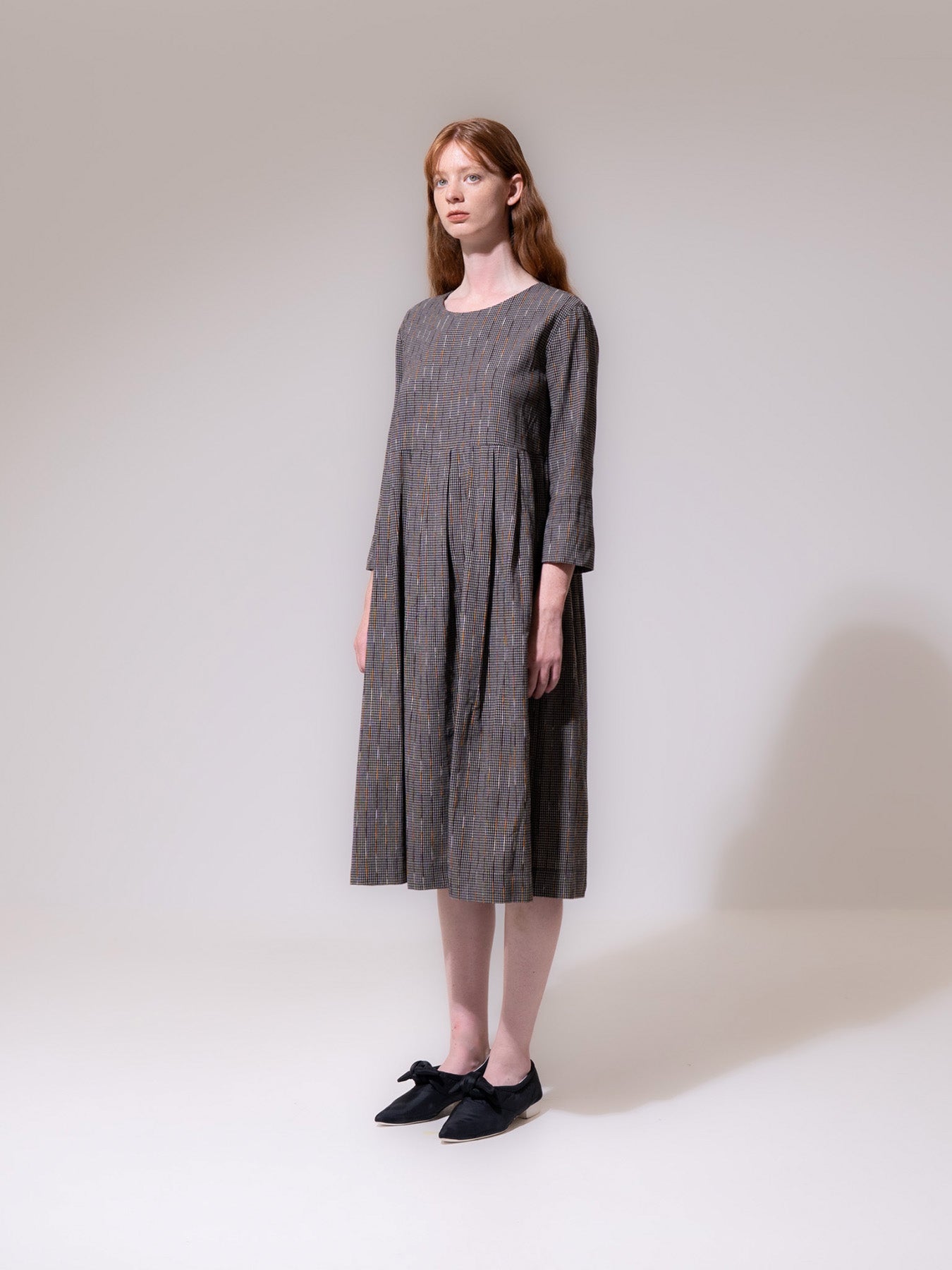 Black Striped Long Sleeve Pleated Dress
