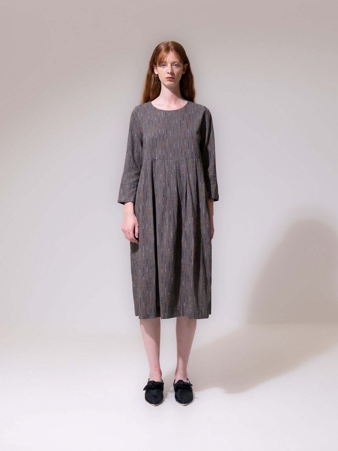 Black Striped Long Sleeve Pleated Dress