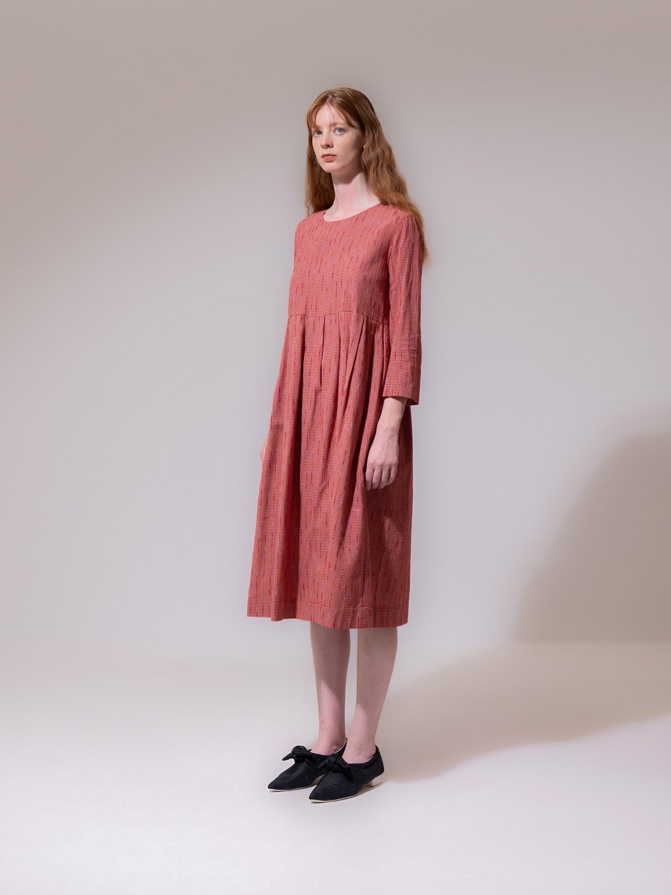 Red Striped Long Sleeve Pleated Dress