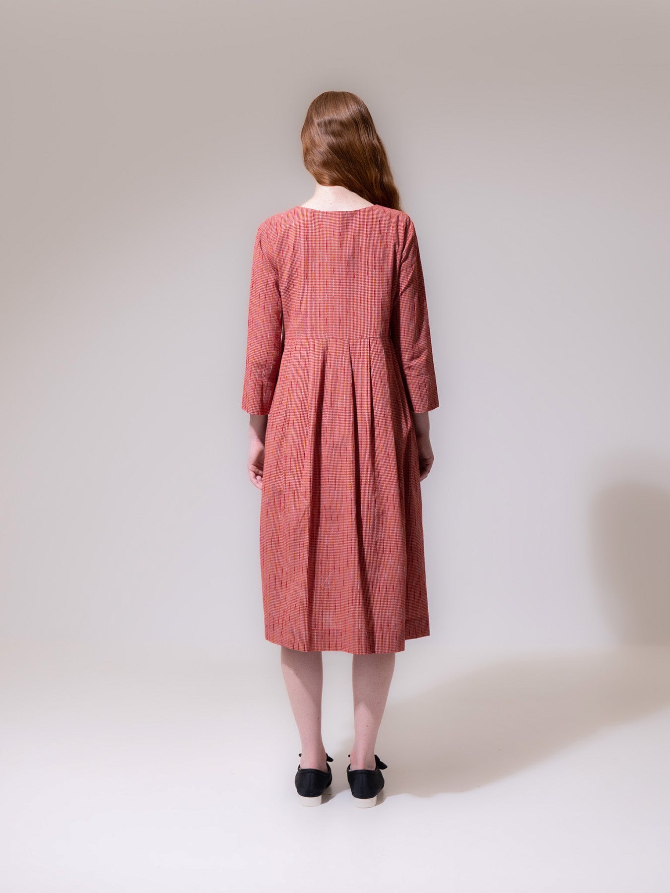 Red Striped Long Sleeve Pleated Dress