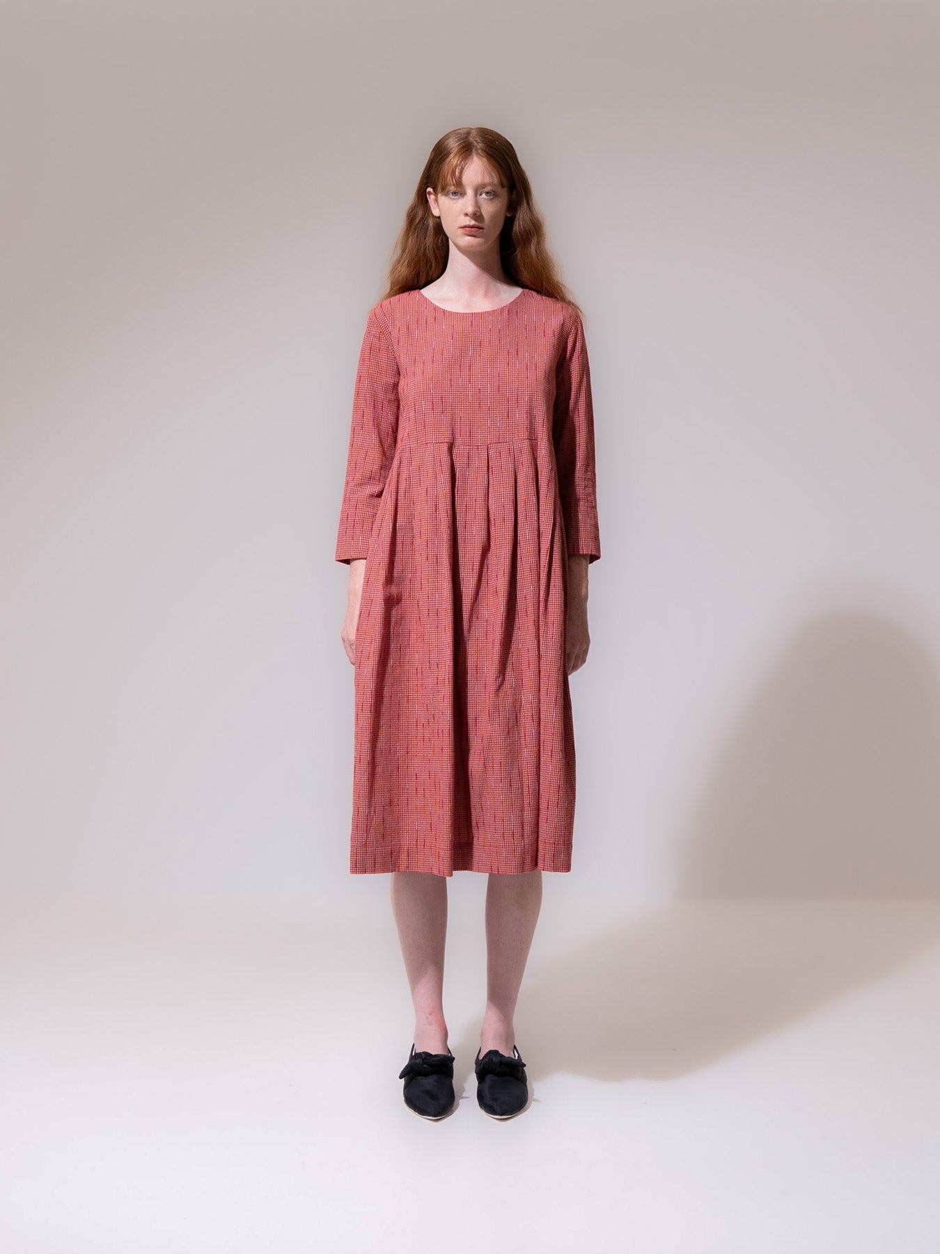 Red Striped Long Sleeve Pleated Dress
