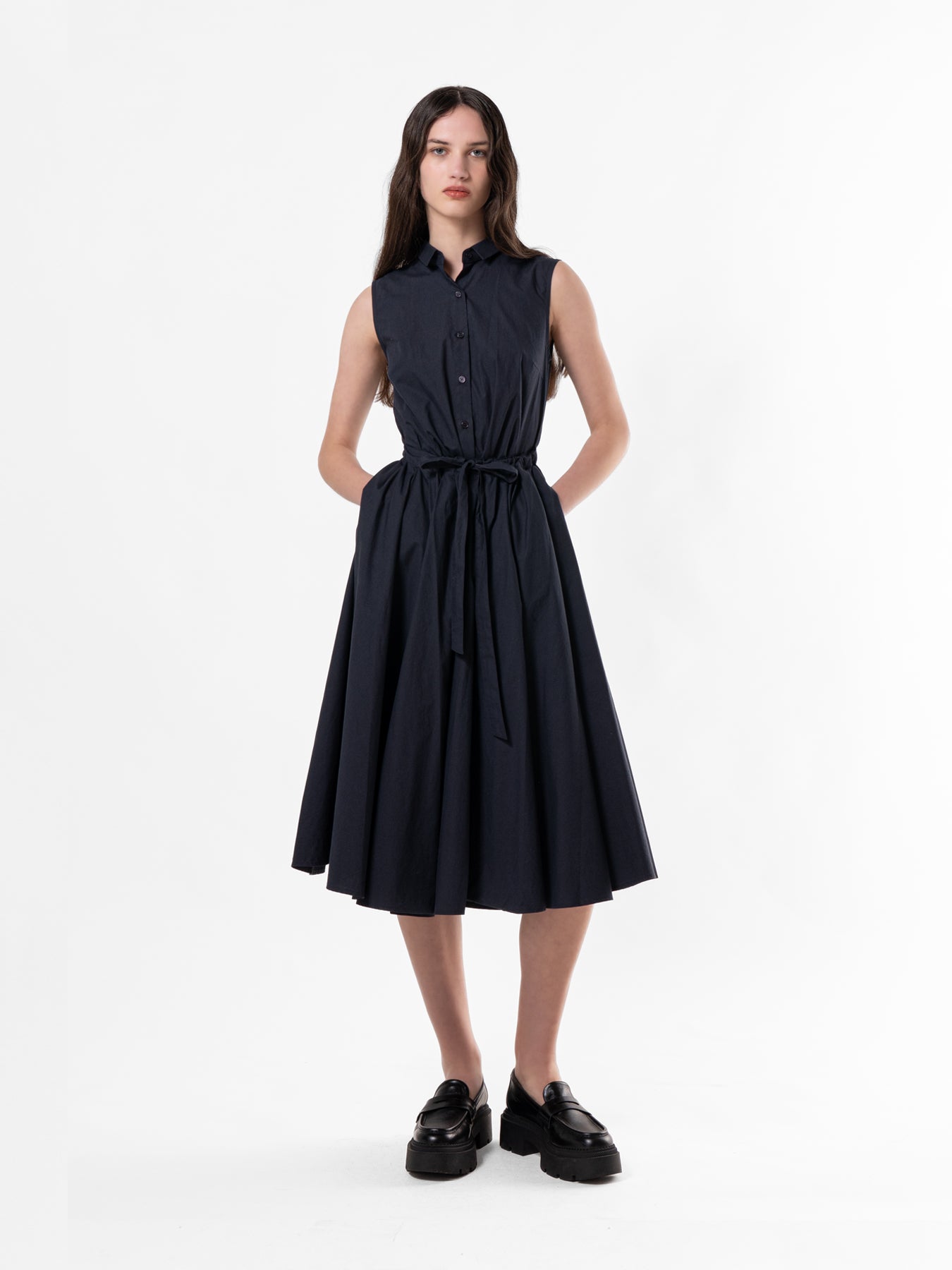 Navy Pleated Tie-Waist Dress – EMIN + PAUL