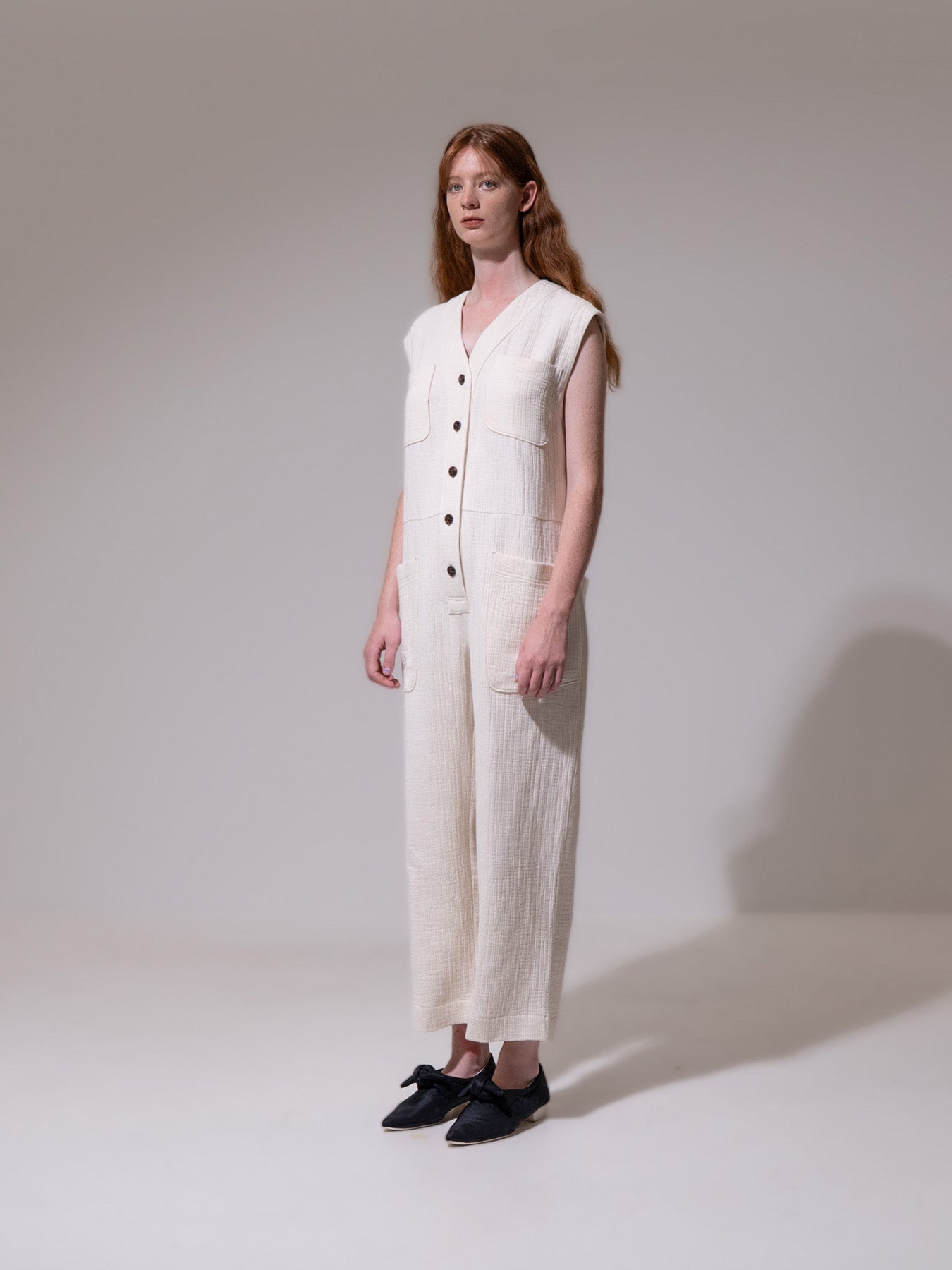 Cream Sleeveless Button-Up Jumpsuit