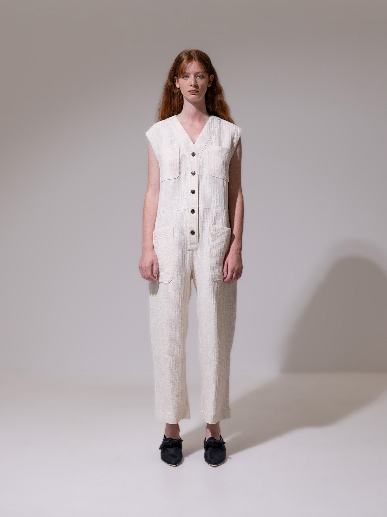 Cream Sleeveless Button-Up Jumpsuit