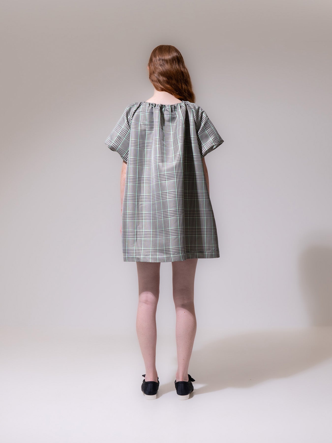 Green-Check Puff Sleeve Mini Dress