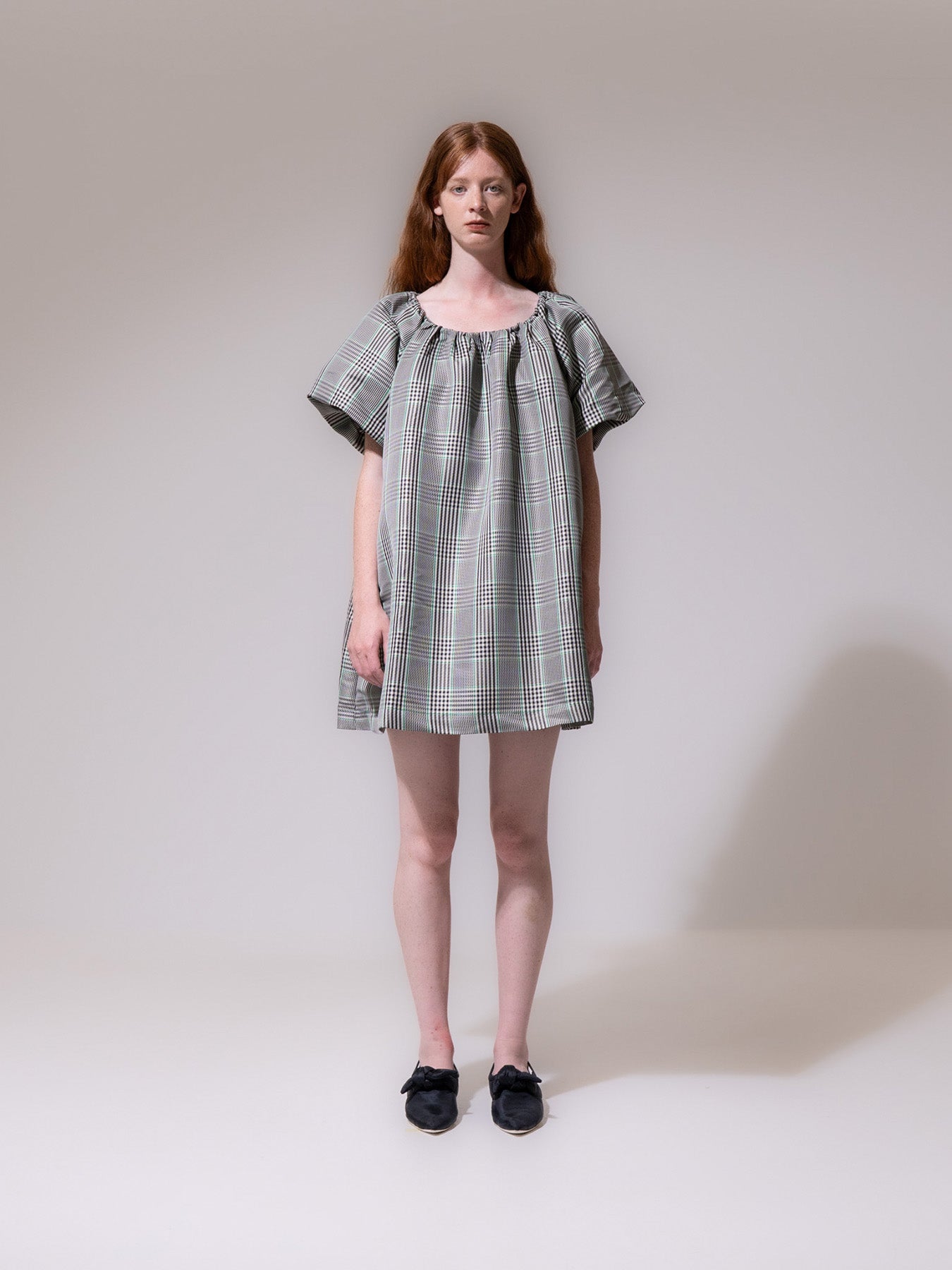 Green-Check Puff Sleeve Mini Dress